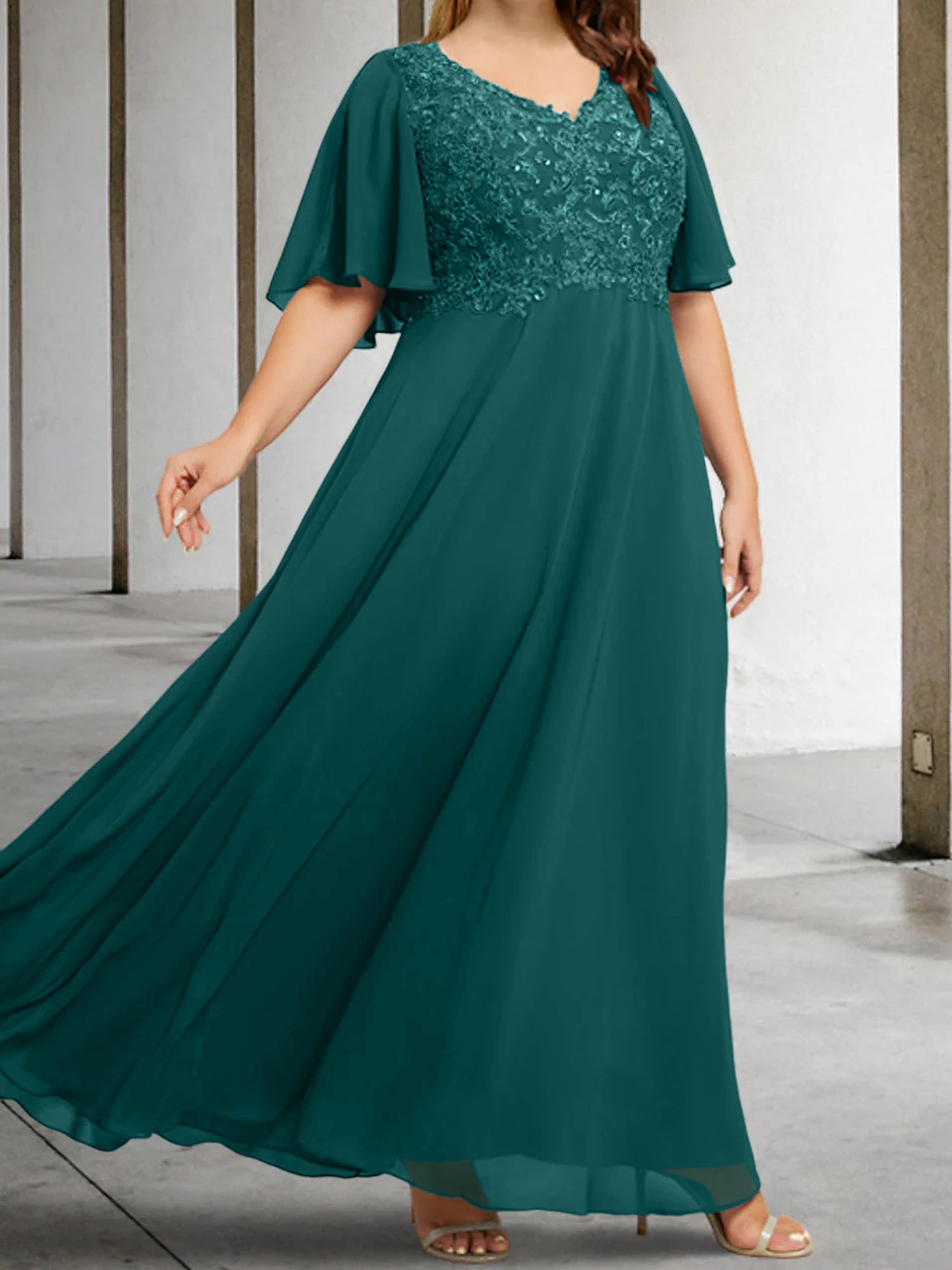 A Line Princess V Neck Half Sleeves Floor Length Mother Of The Bride Dresses With Applique