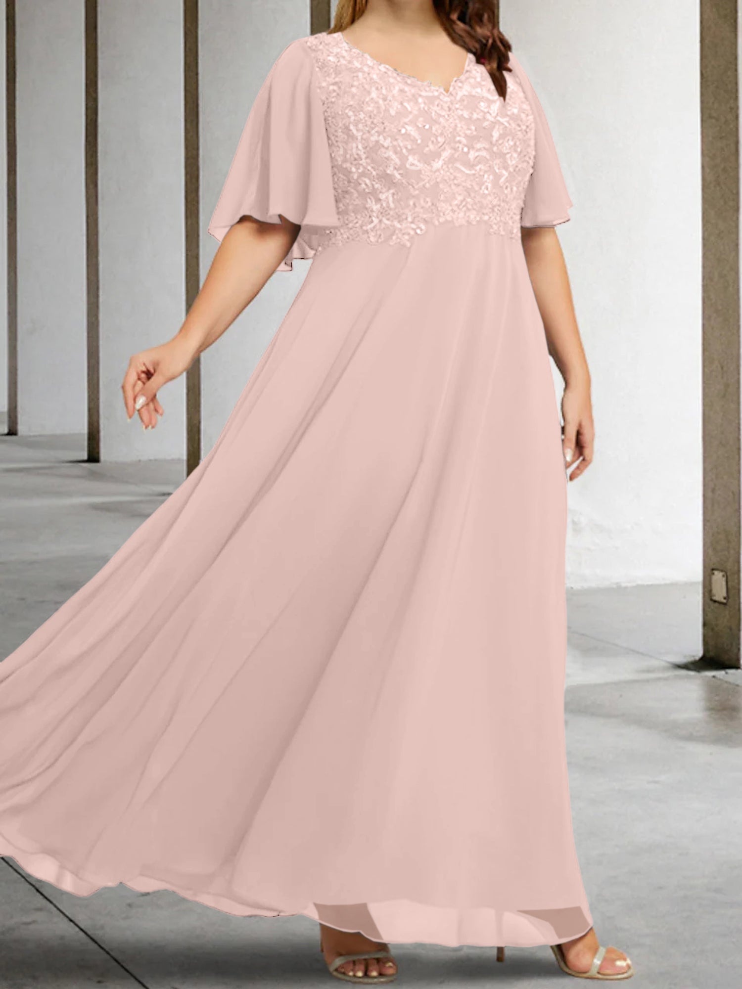 A Line Princess V Neck Half Sleeves Floor Length Mother Of The Bride Dresses With Applique