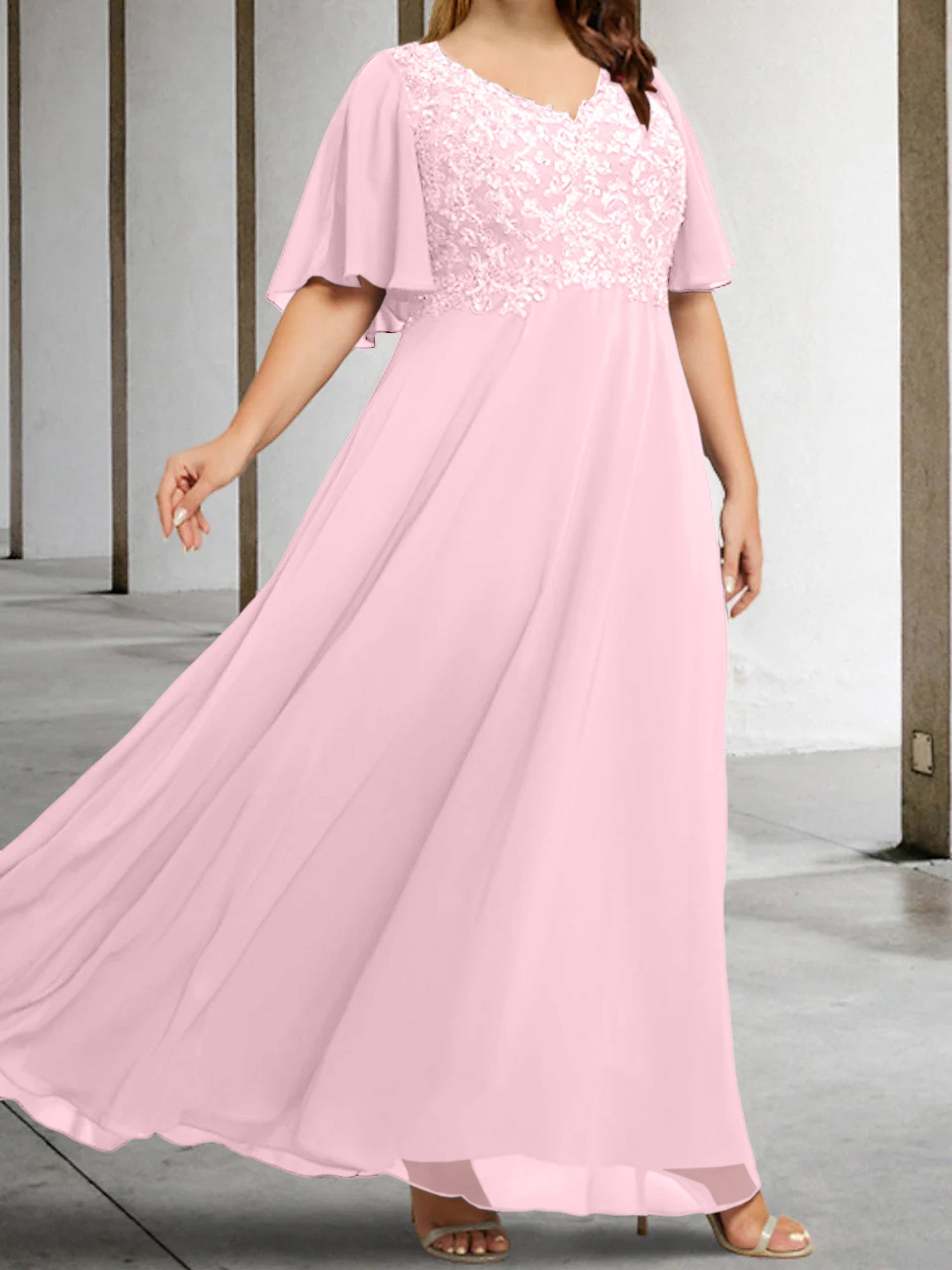 A Line Princess V Neck Half Sleeves Floor Length Mother Of The Bride Dresses With Applique