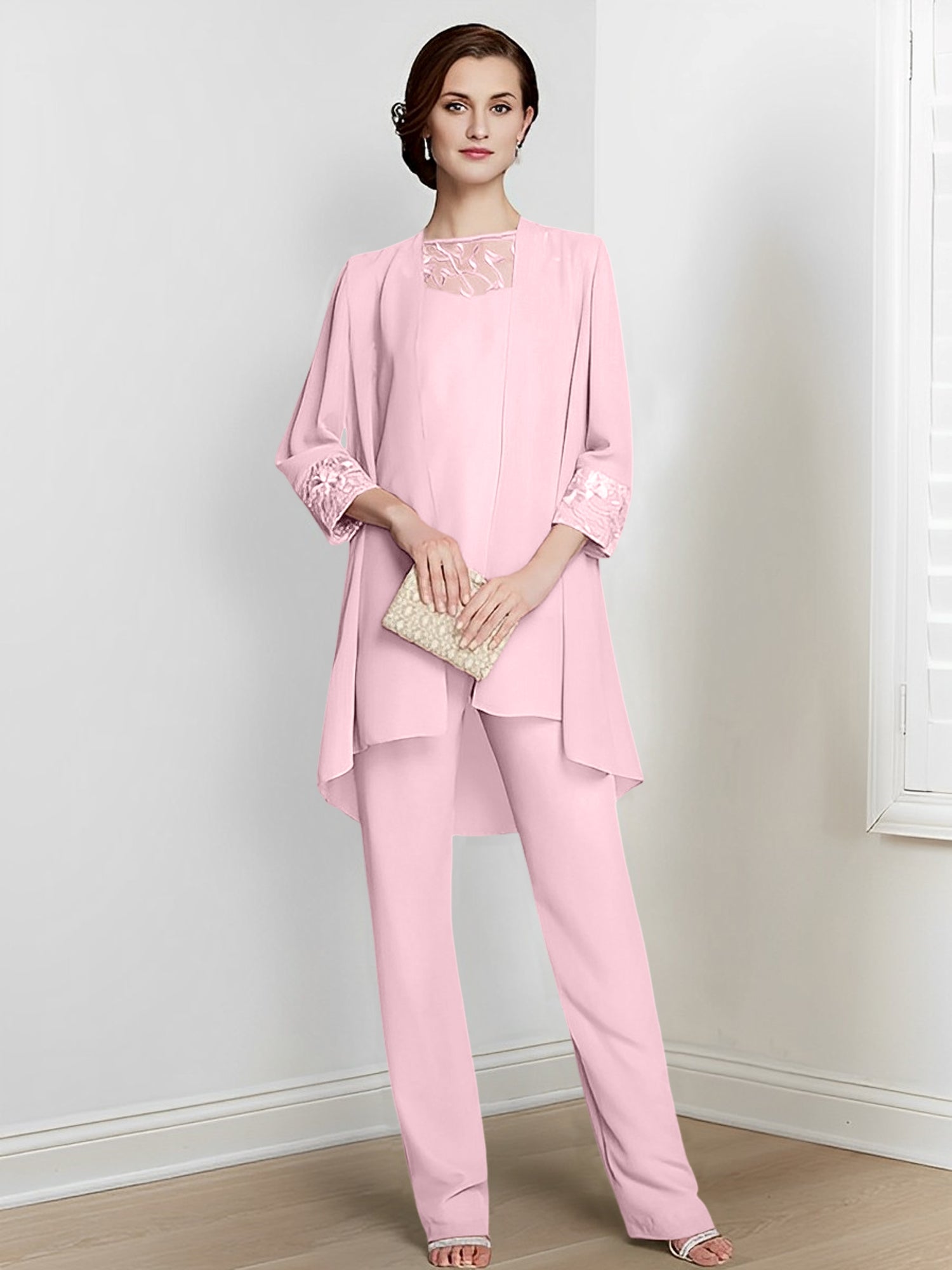 Chiffon Square Neck Long Sleeves Floor Length Mother Of The Bride Pantsuits With Jacket