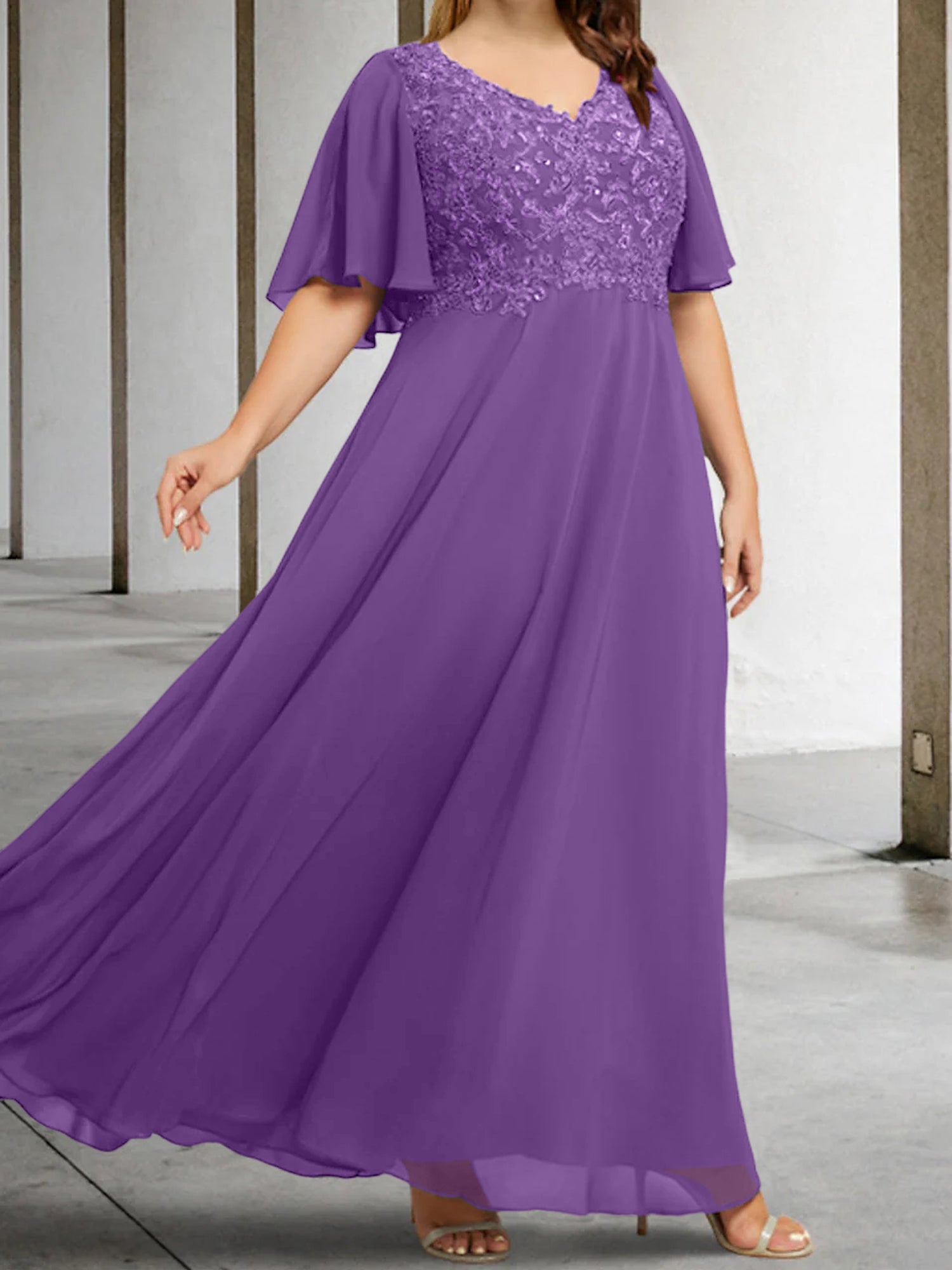 A Line Princess V Neck Half Sleeves Floor Length Mother Of The Bride Dresses With Applique