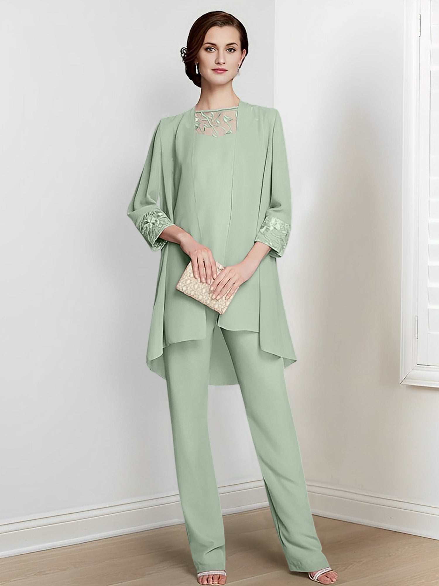 Chiffon Square Neck Long Sleeves Floor Length Mother Of The Bride Pantsuits With Jacket