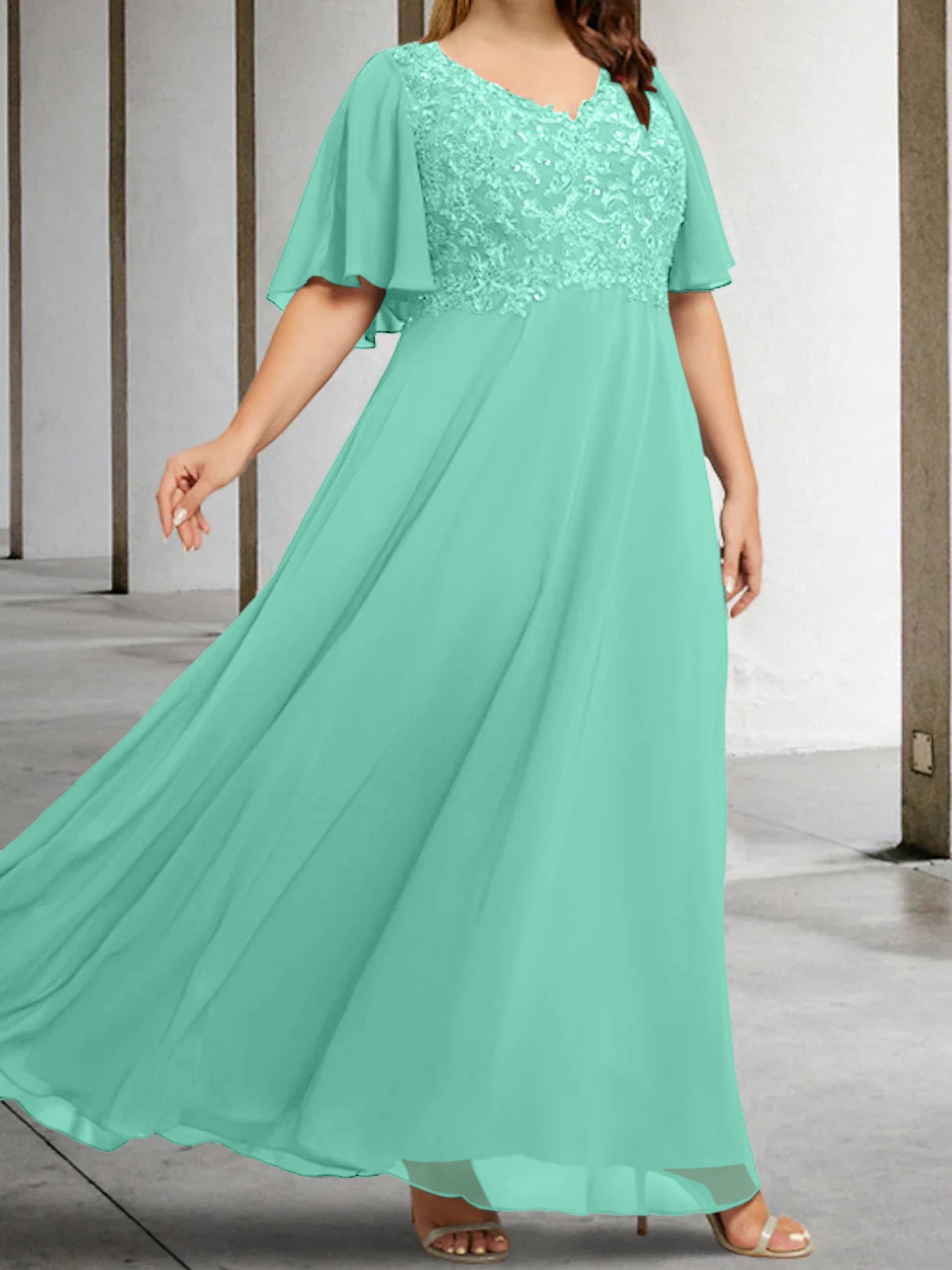 A Line Princess V Neck Half Sleeves Floor Length Mother Of The Bride Dresses With Applique
