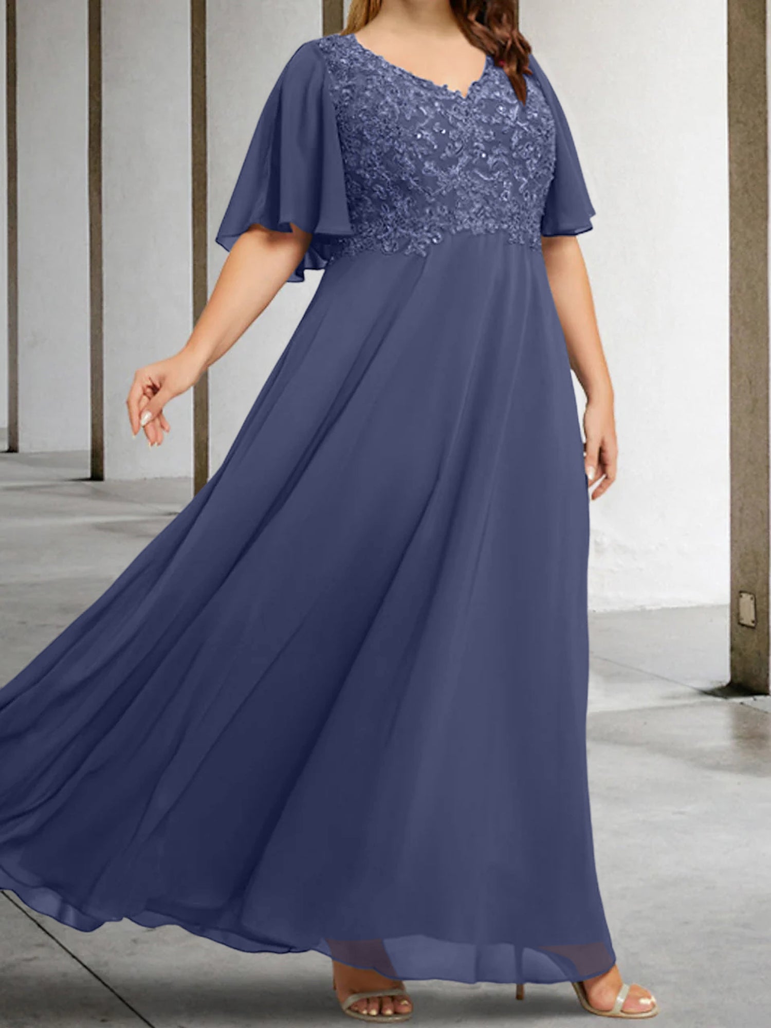 A Line Princess V Neck Half Sleeves Floor Length Mother Of The Bride Dresses With Applique