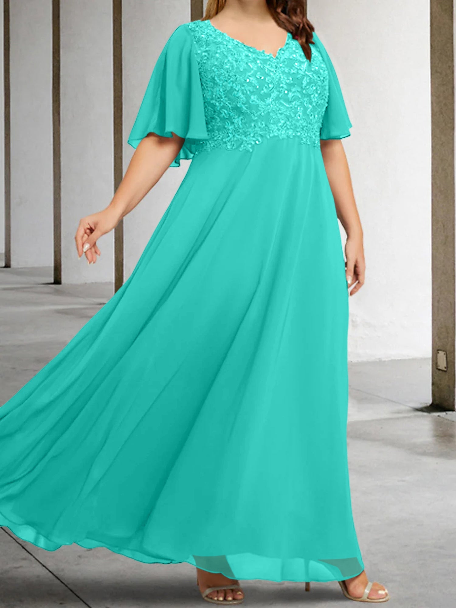A Line Princess V Neck Half Sleeves Floor Length Mother Of The Bride Dresses With Applique