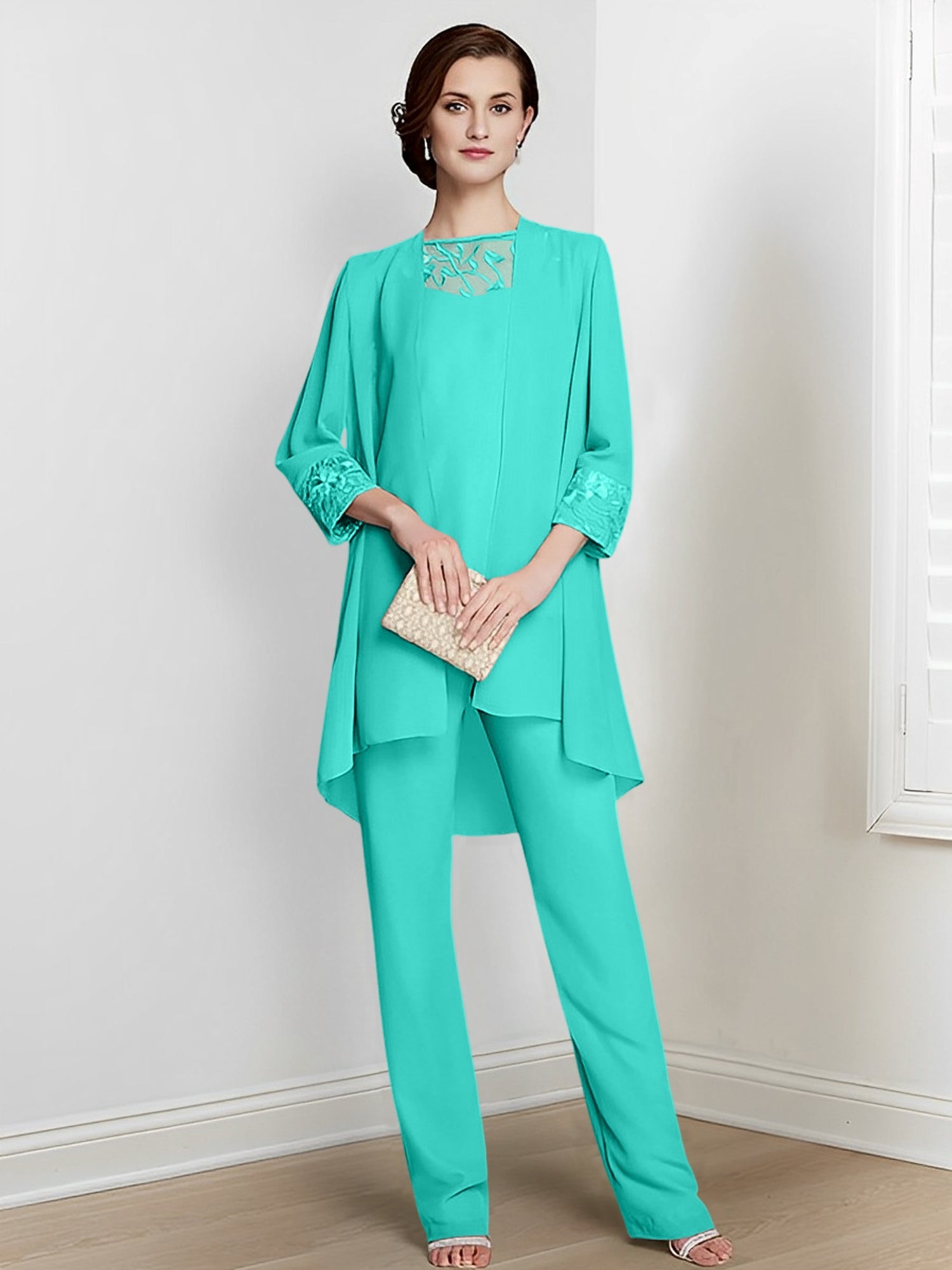 Chiffon Square Neck Long Sleeves Floor Length Mother Of The Bride Pantsuits With Jacket