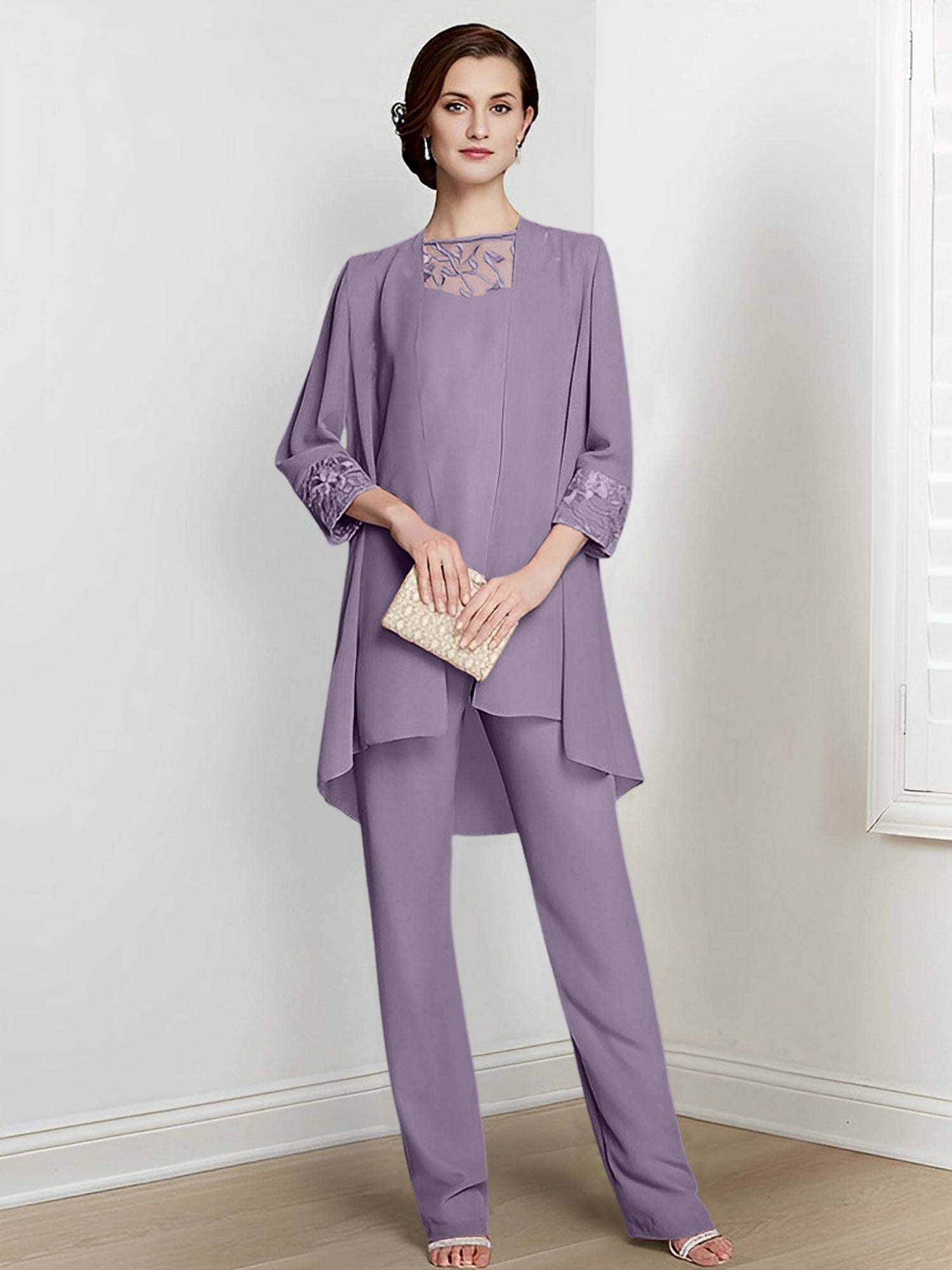 Chiffon Square Neck Long Sleeves Floor Length Mother Of The Bride Pantsuits With Jacket
