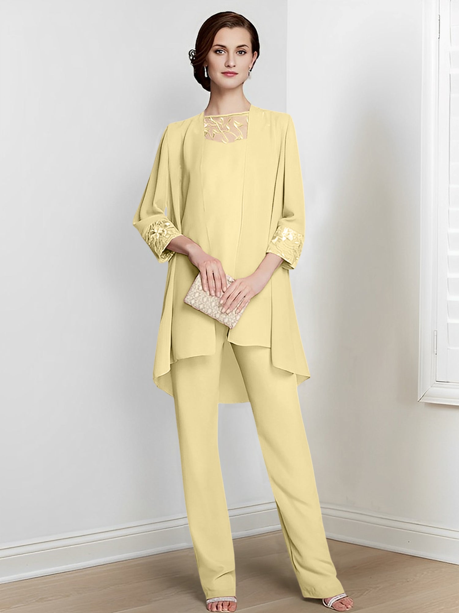 Chiffon Square Neck Long Sleeves Floor Length Mother Of The Bride Pantsuits With Jacket