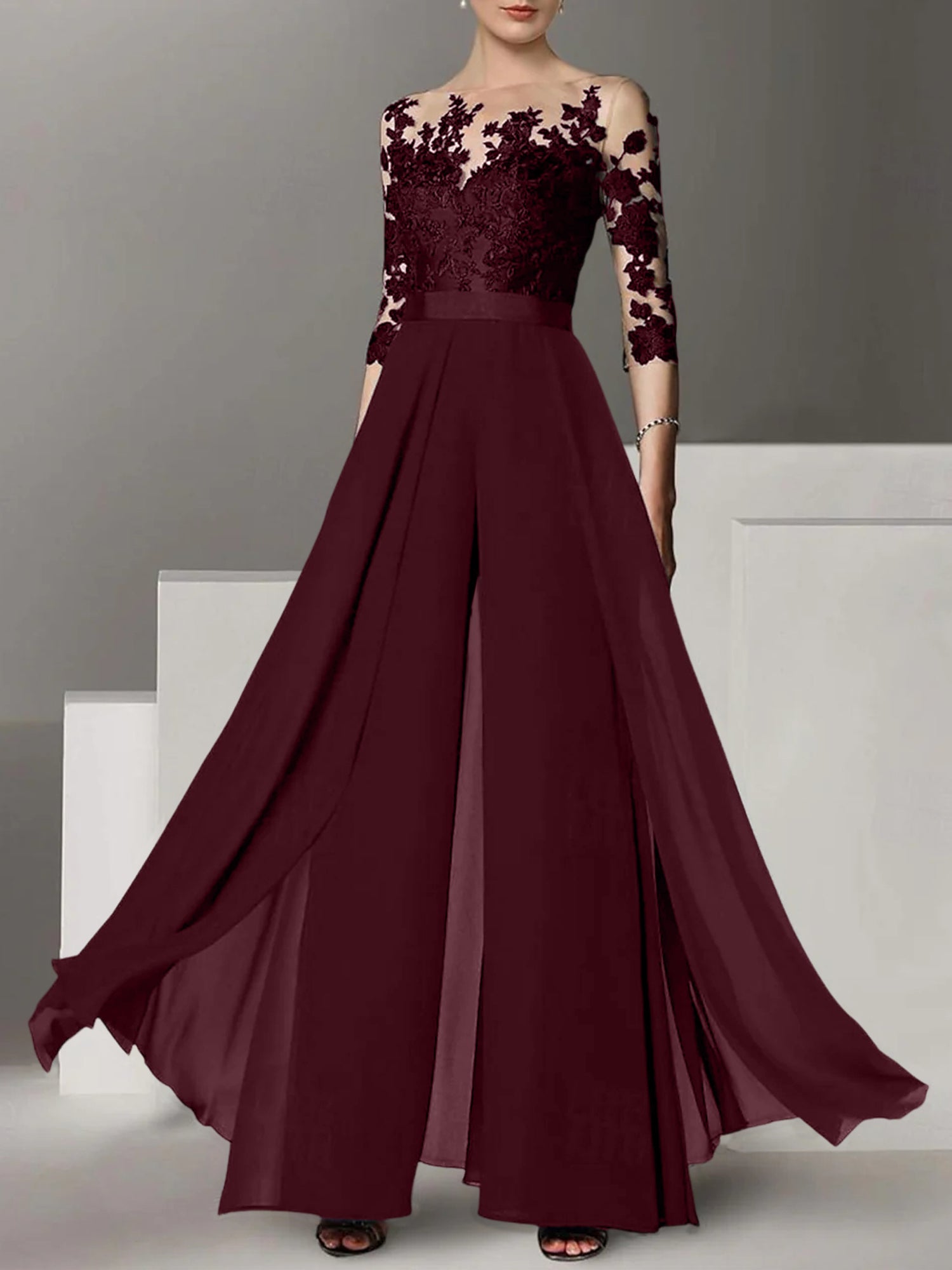 A Line Princess Jewel Neck 3 4 Length Sleeves Floor Length Mother Of The Bride Jumpsuits With Applique