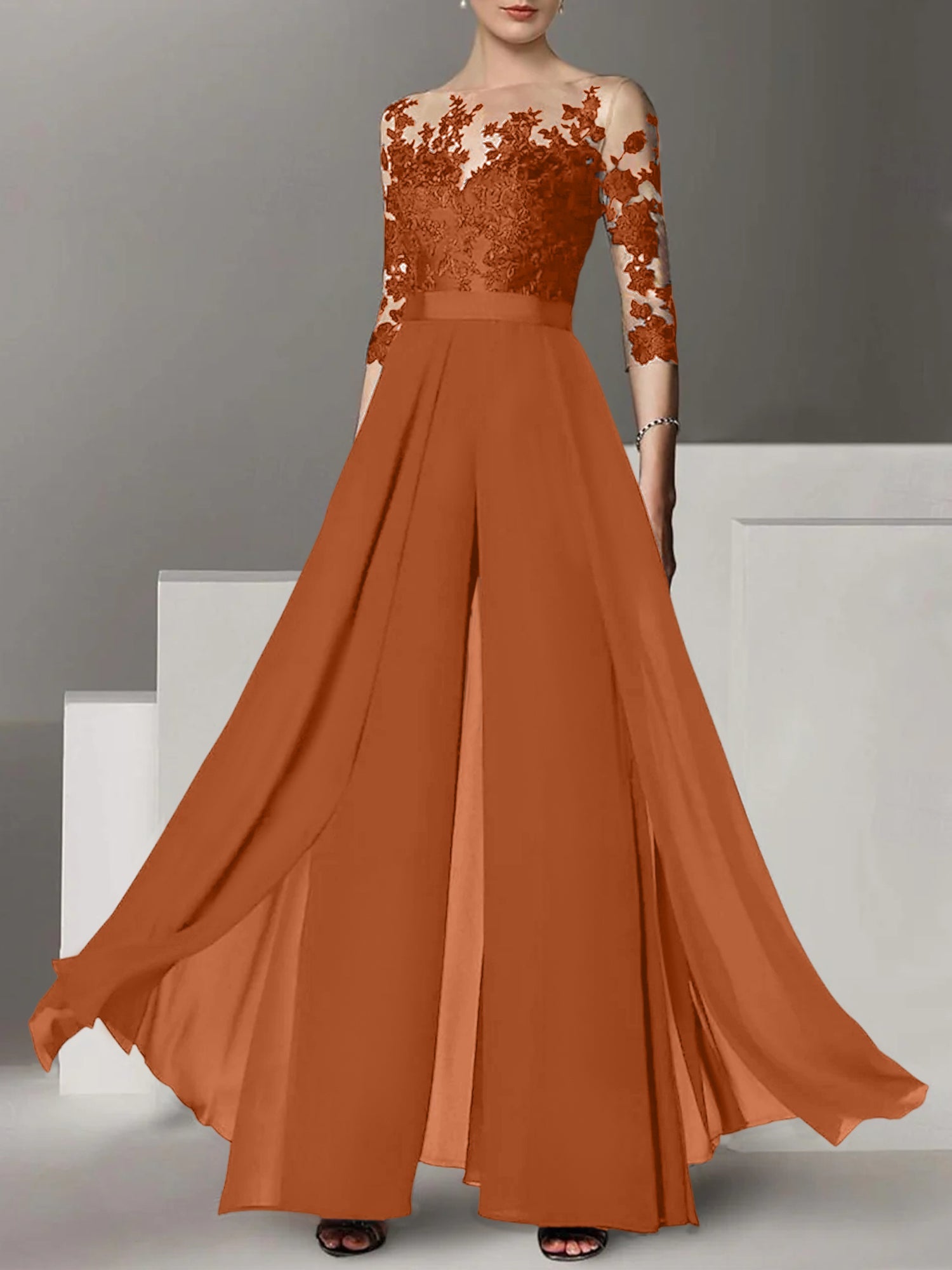 A Line Princess Jewel Neck 3 4 Length Sleeves Floor Length Mother Of The Bride Jumpsuits With Applique