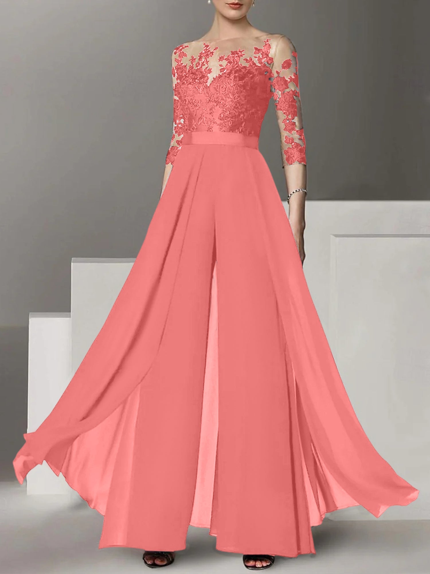 A Line Princess Jewel Neck 3 4 Length Sleeves Floor Length Mother Of The Bride Jumpsuits With Applique