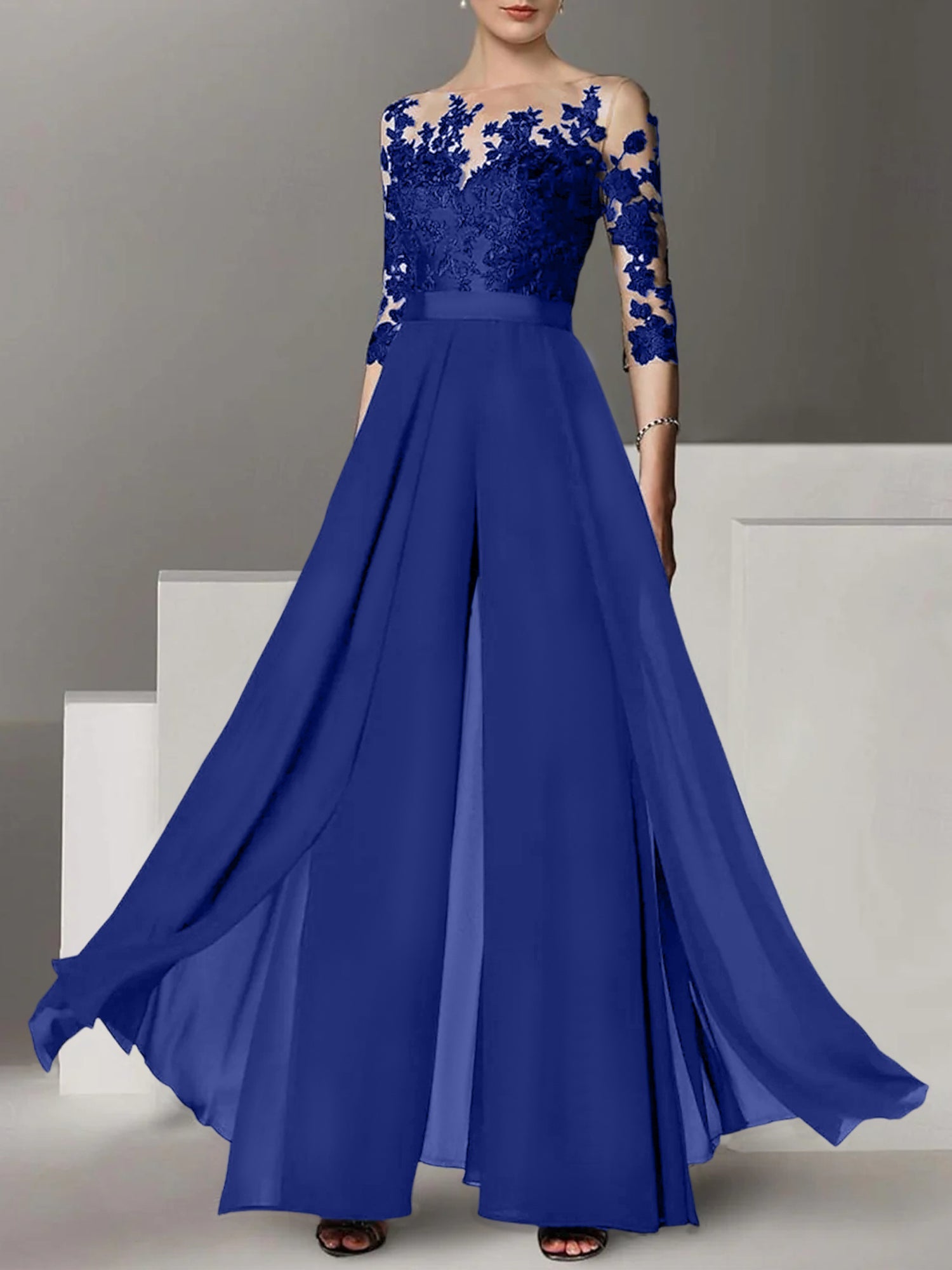 A Line Princess Jewel Neck 3 4 Length Sleeves Floor Length Mother Of The Bride Jumpsuits With Applique