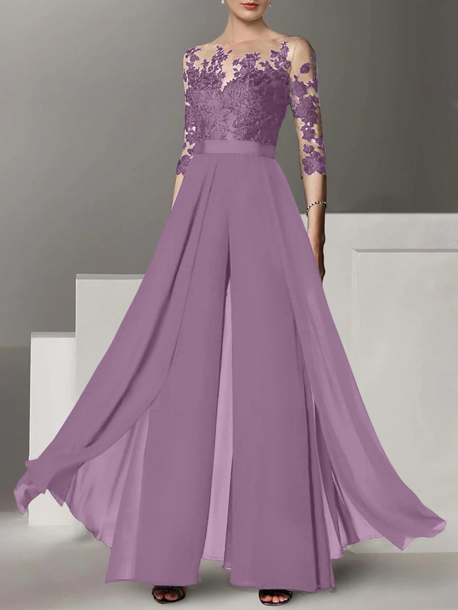 A Line Princess Jewel Neck 3 4 Length Sleeves Floor Length Mother Of The Bride Jumpsuits With Applique