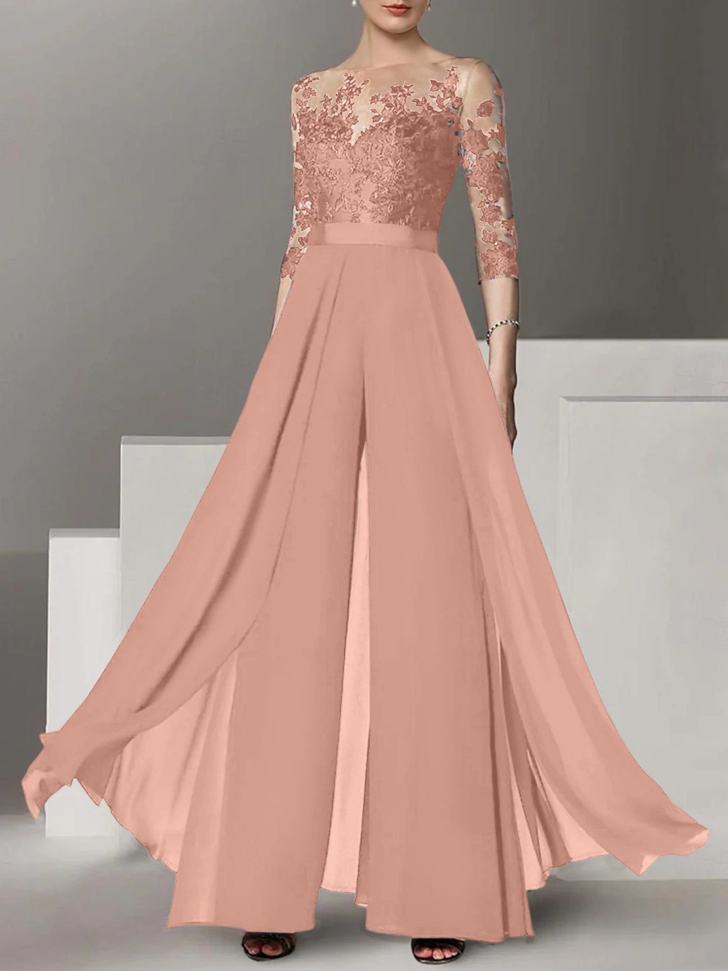 A Line Princess Jewel Neck 3 4 Length Sleeves Floor Length Mother Of The Bride Jumpsuits With Applique