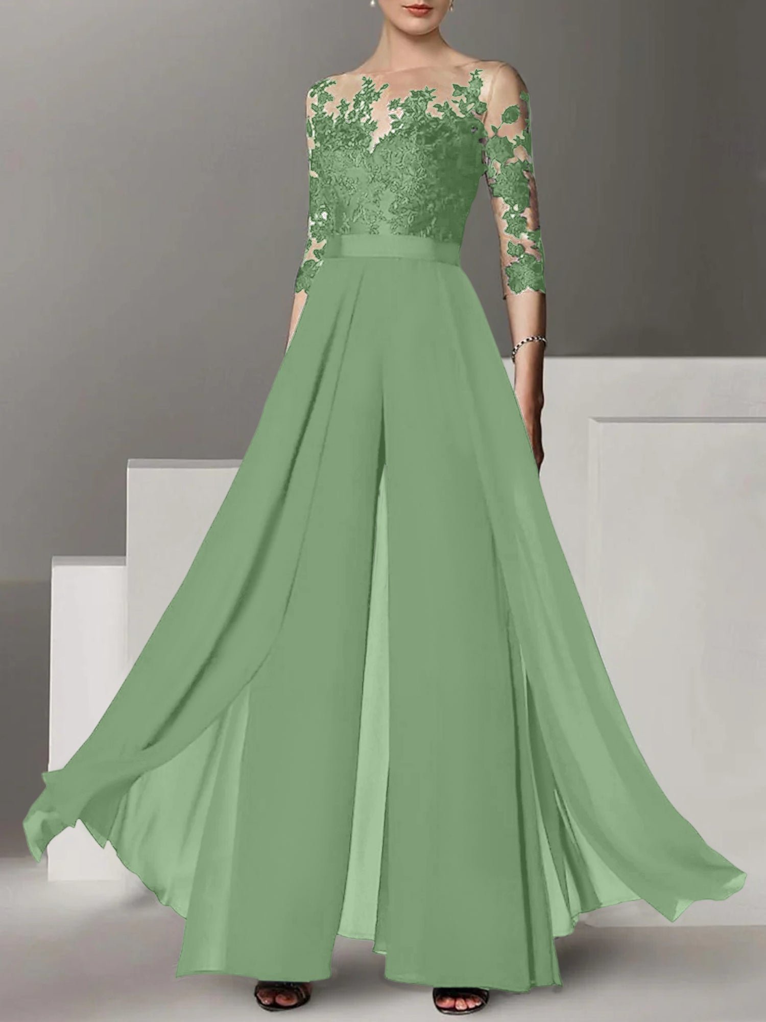 A Line Princess Jewel Neck 3 4 Length Sleeves Floor Length Mother Of The Bride Jumpsuits With Applique