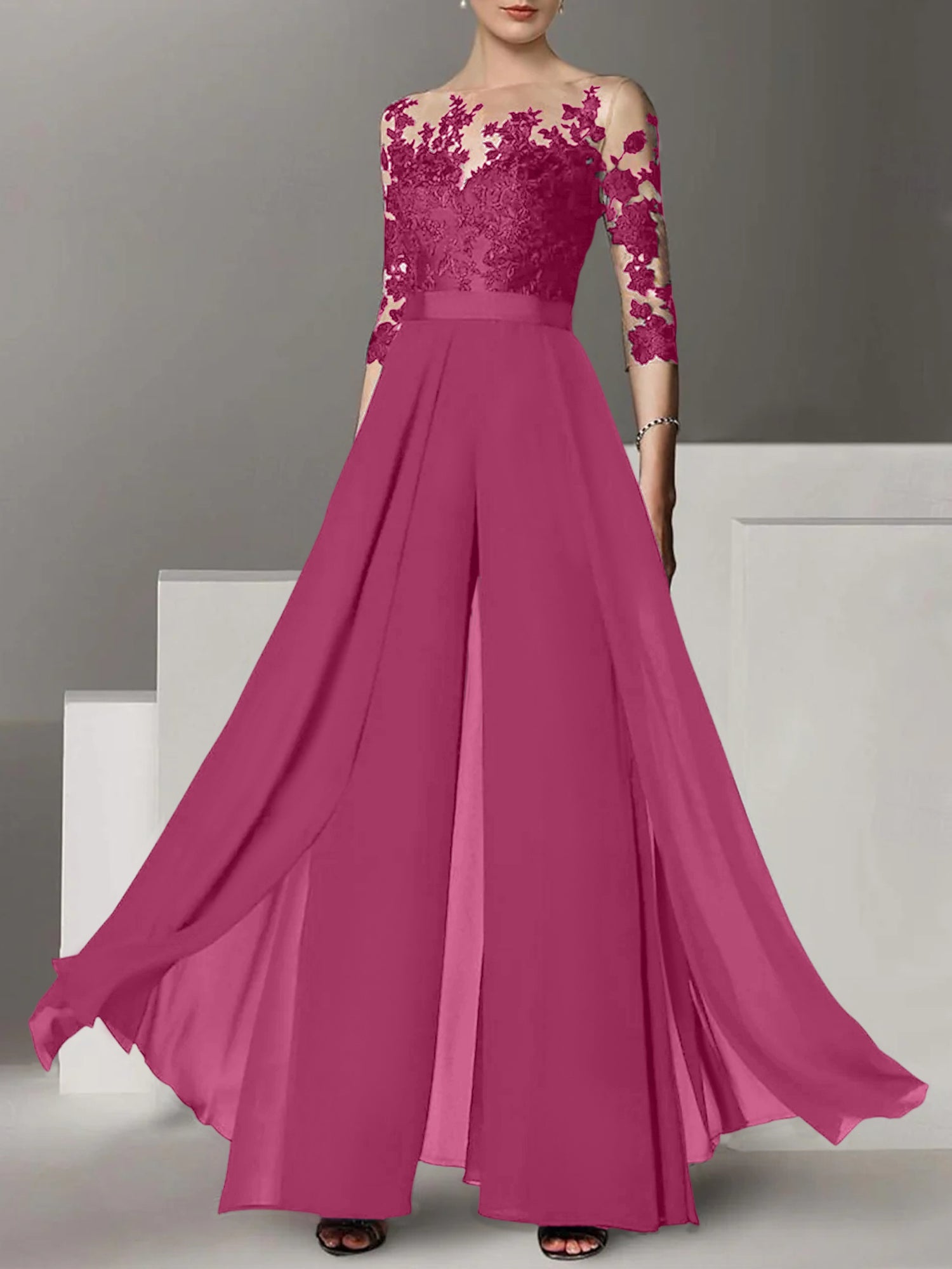 A Line Princess Jewel Neck 3 4 Length Sleeves Floor Length Mother Of The Bride Jumpsuits With Applique