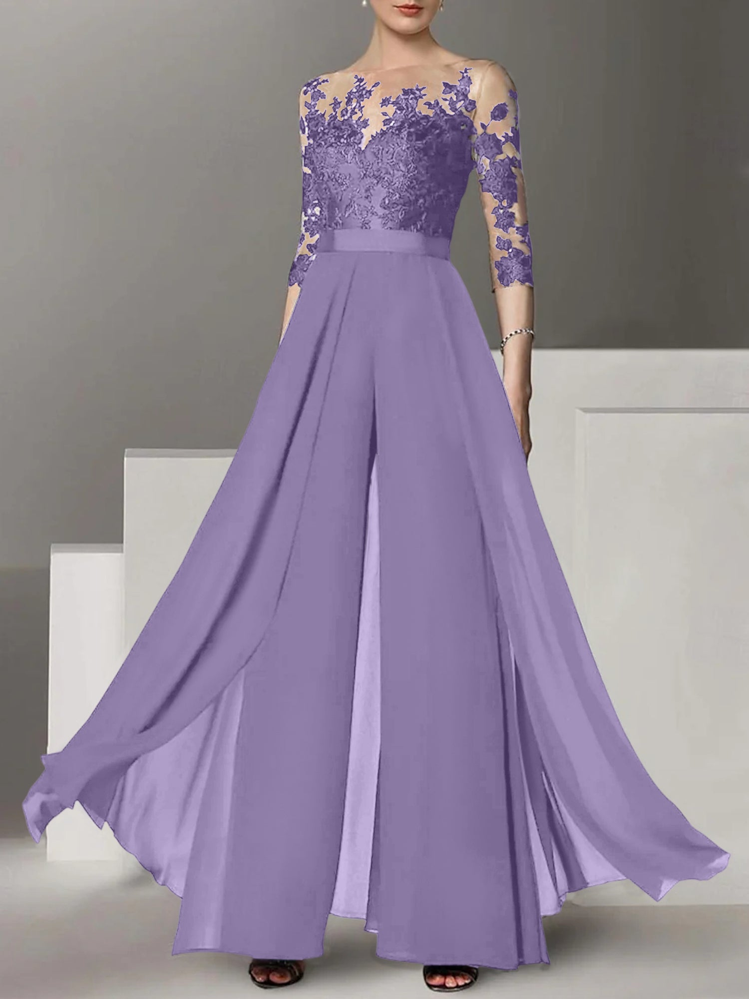 A Line Princess Jewel Neck 3 4 Length Sleeves Floor Length Mother Of The Bride Jumpsuits With Applique