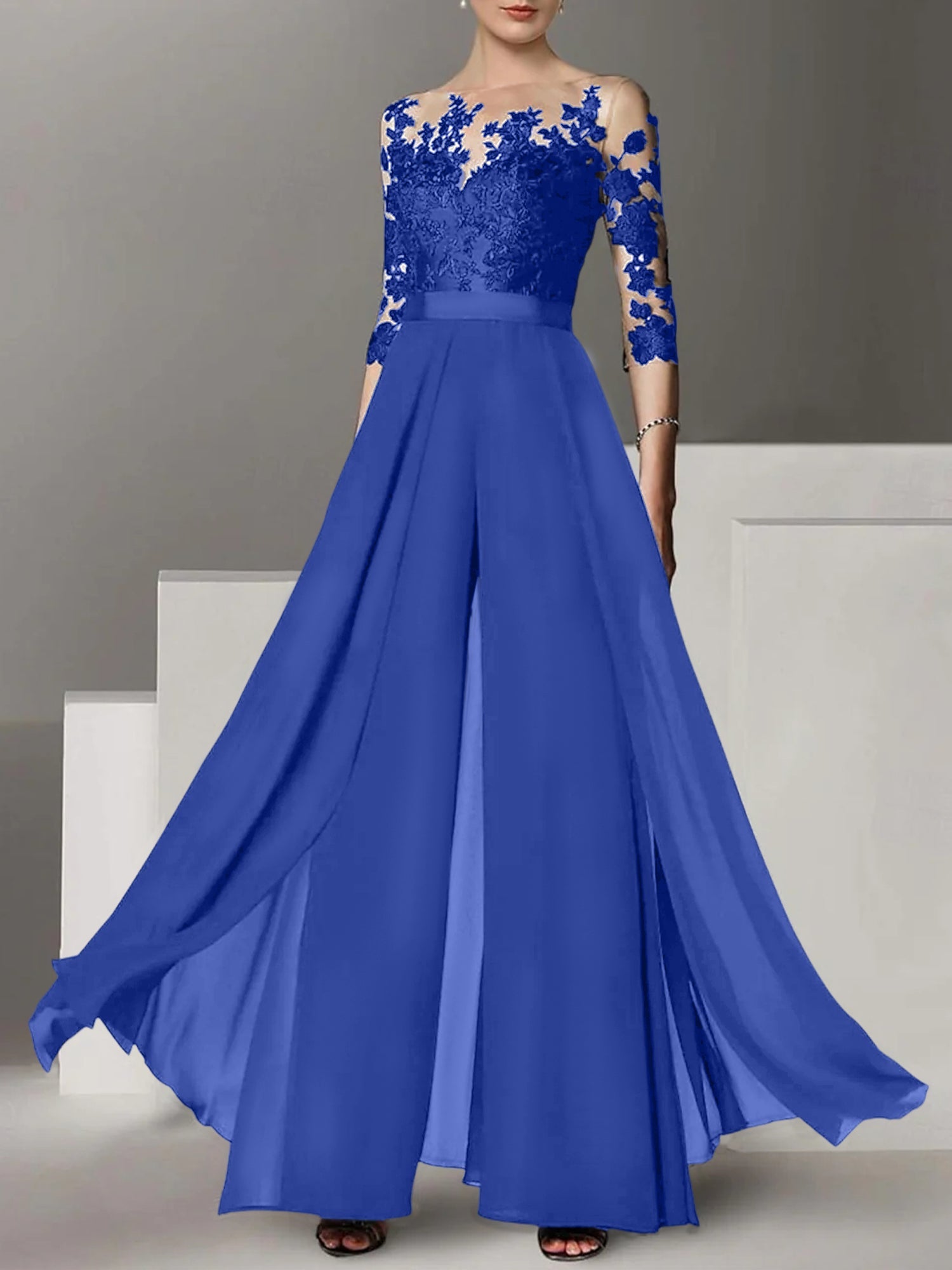 A Line Princess Jewel Neck 3 4 Length Sleeves Floor Length Mother Of The Bride Jumpsuits With Applique