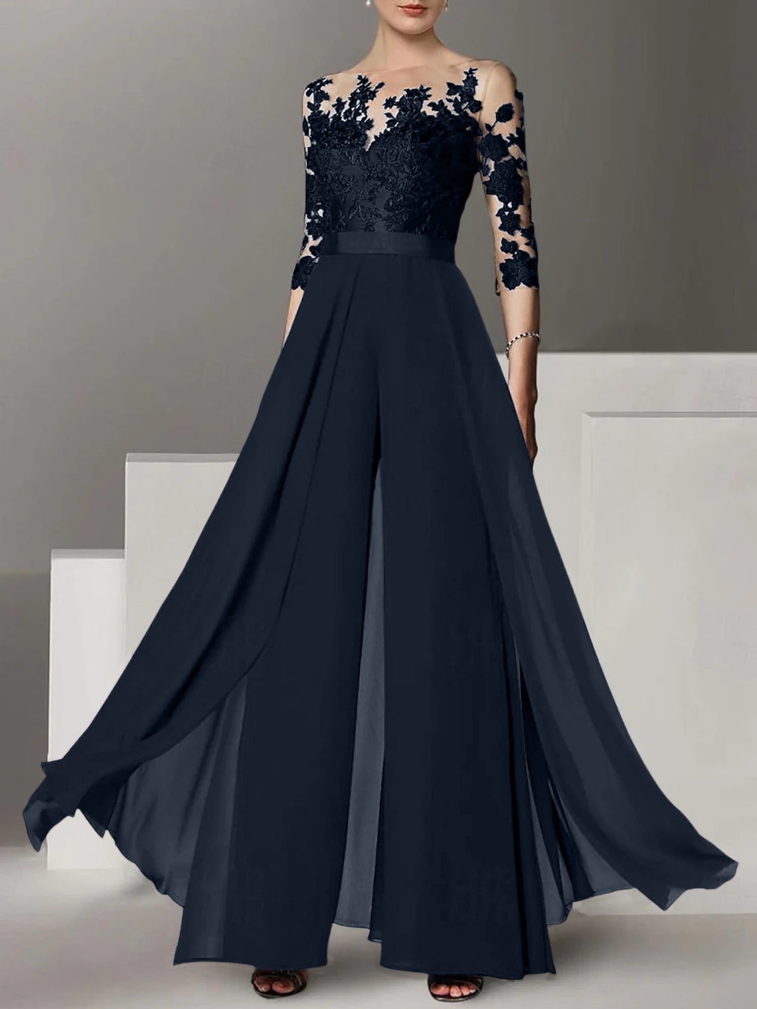 A Line Princess Jewel Neck 3 4 Length Sleeves Floor Length Mother Of The Bride Jumpsuits With Applique
