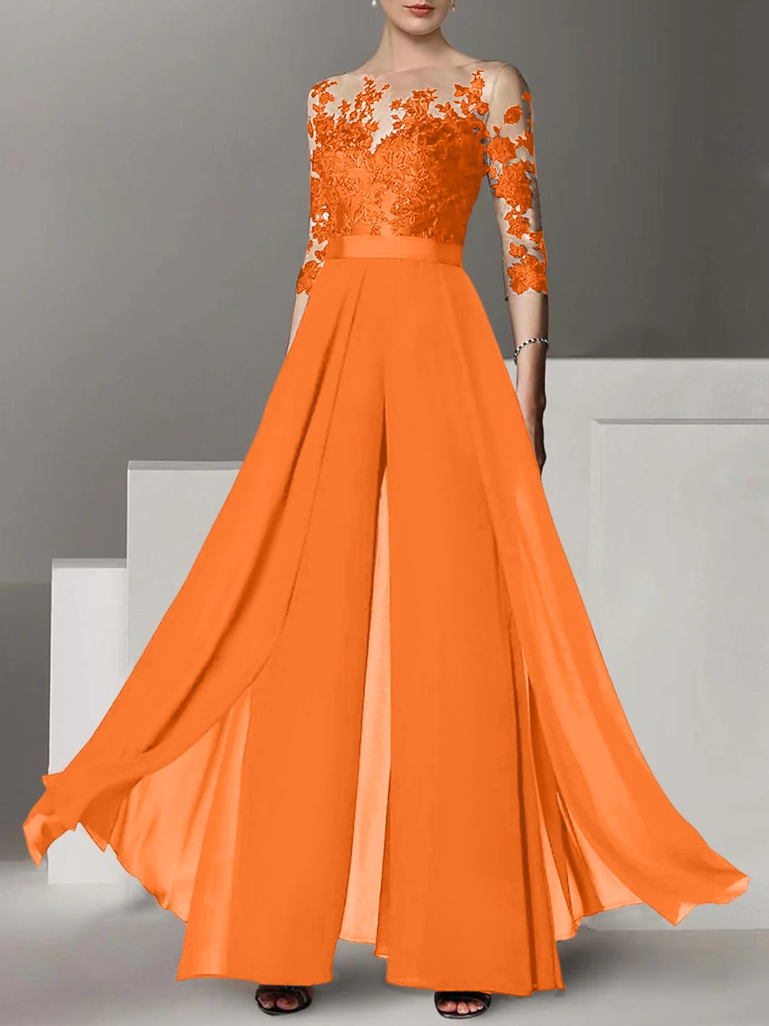 A Line Princess Jewel Neck 3 4 Length Sleeves Floor Length Mother Of The Bride Jumpsuits With Applique
