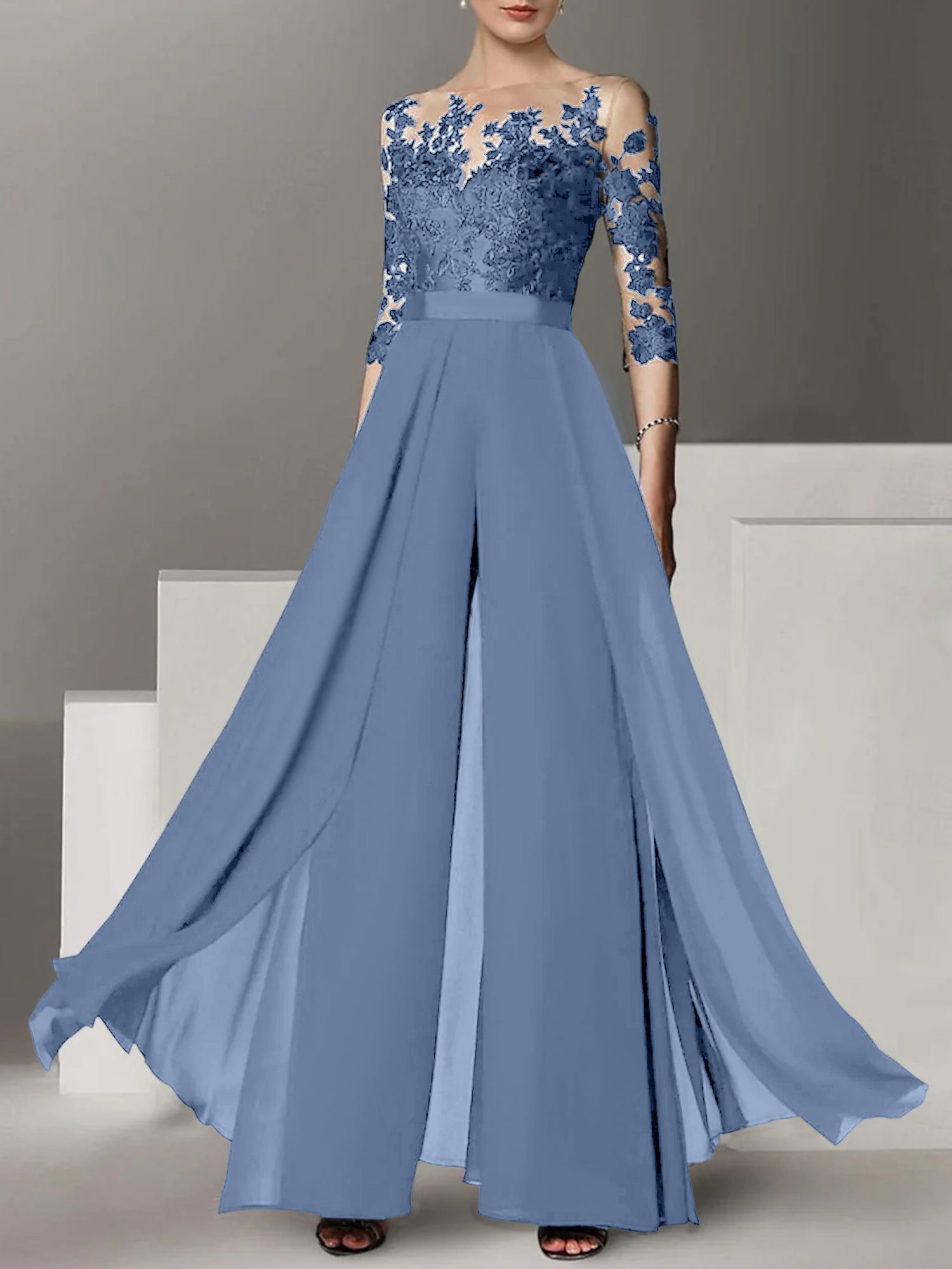 A Line Princess Jewel Neck 3 4 Length Sleeves Floor Length Mother Of The Bride Jumpsuits With Applique