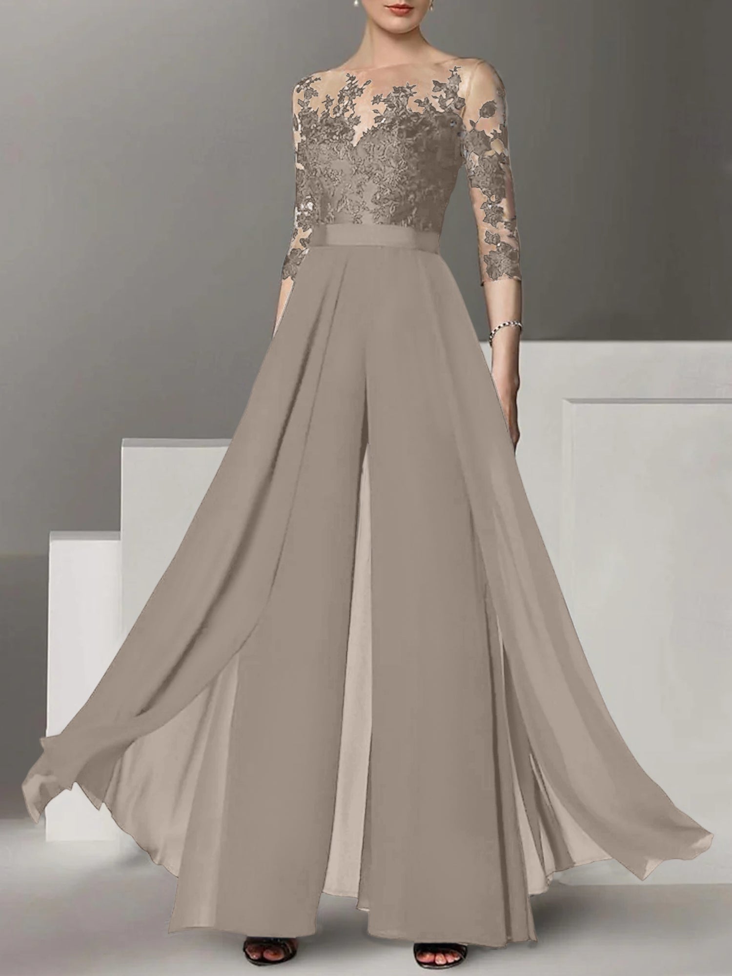A Line Princess Jewel Neck 3 4 Length Sleeves Floor Length Mother Of The Bride Jumpsuits With Applique