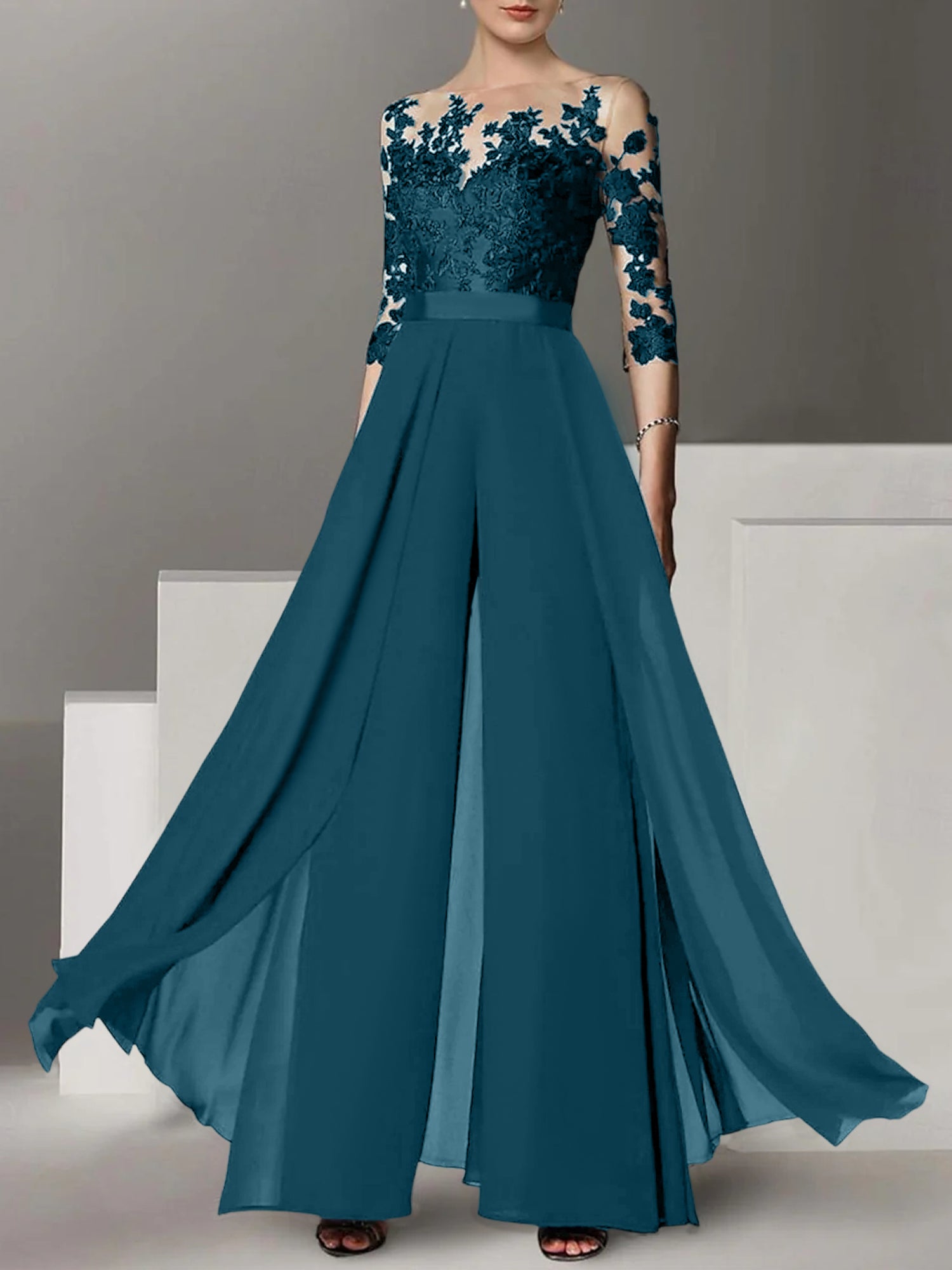 A Line Princess Jewel Neck 3 4 Length Sleeves Floor Length Mother Of The Bride Jumpsuits With Applique