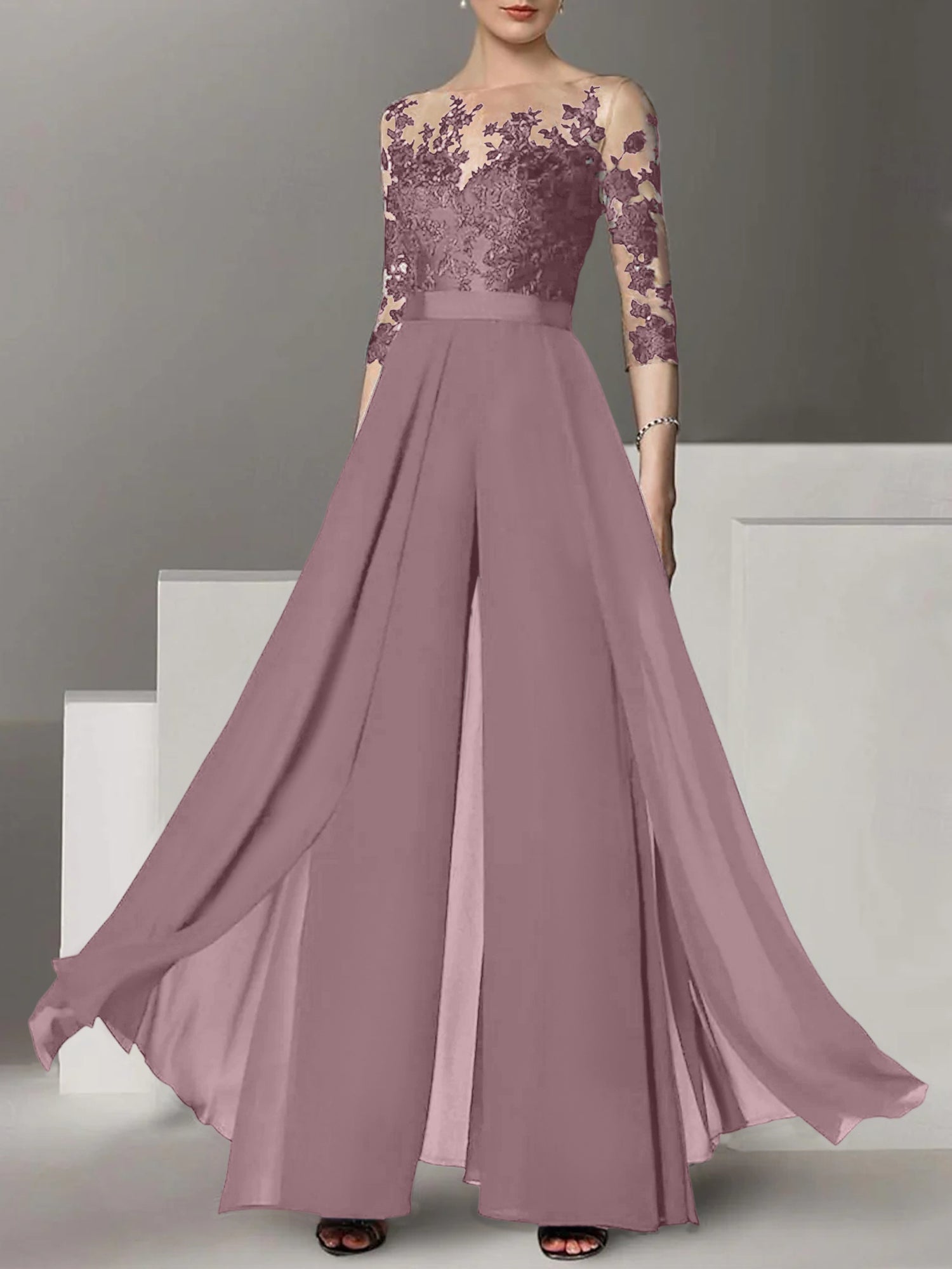 A Line Princess Jewel Neck 3 4 Length Sleeves Floor Length Mother Of The Bride Jumpsuits With Applique