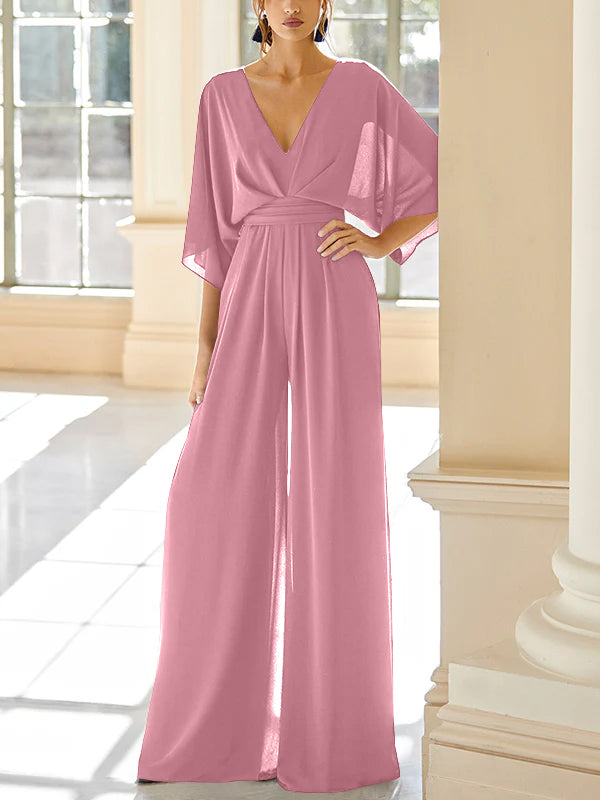 Chiffon V Neck Mother Of The Bride Pantsuits With Pockets