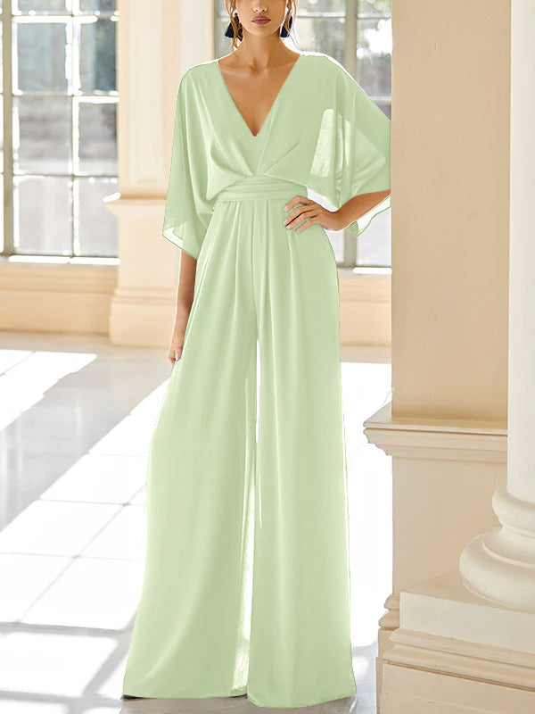 Chiffon V Neck Mother Of The Bride Pantsuits With Pockets