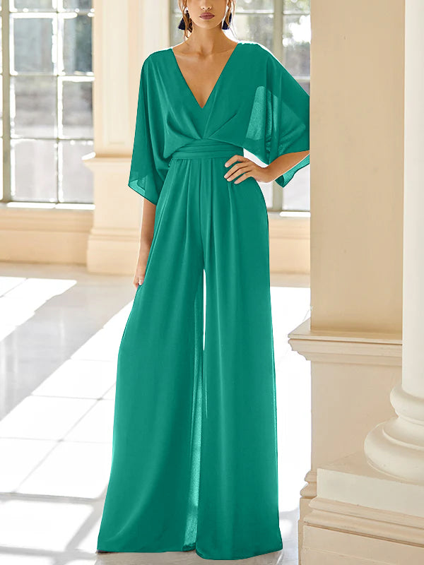 Chiffon V Neck Mother Of The Bride Pantsuits With Pockets