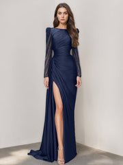 Mermaid Trumpet Jewel Neck Evening Dresses Sweep Brush Train Long Sleeve Prom Party Dress Satin With Ruched Slit