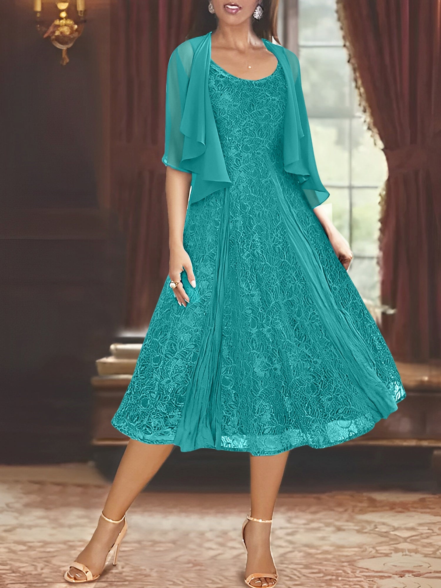 A Line Princess Scoop Half Sleeves Tea Length Mother Of The Bride Dresses With Appliques Wrap