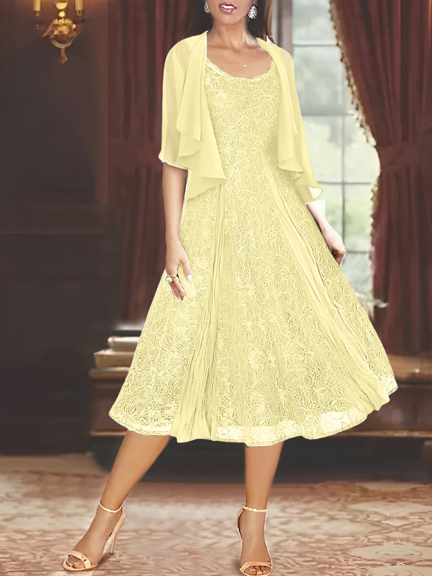A Line Princess Scoop Half Sleeves Tea Length Mother Of The Bride Dresses With Appliques Wrap