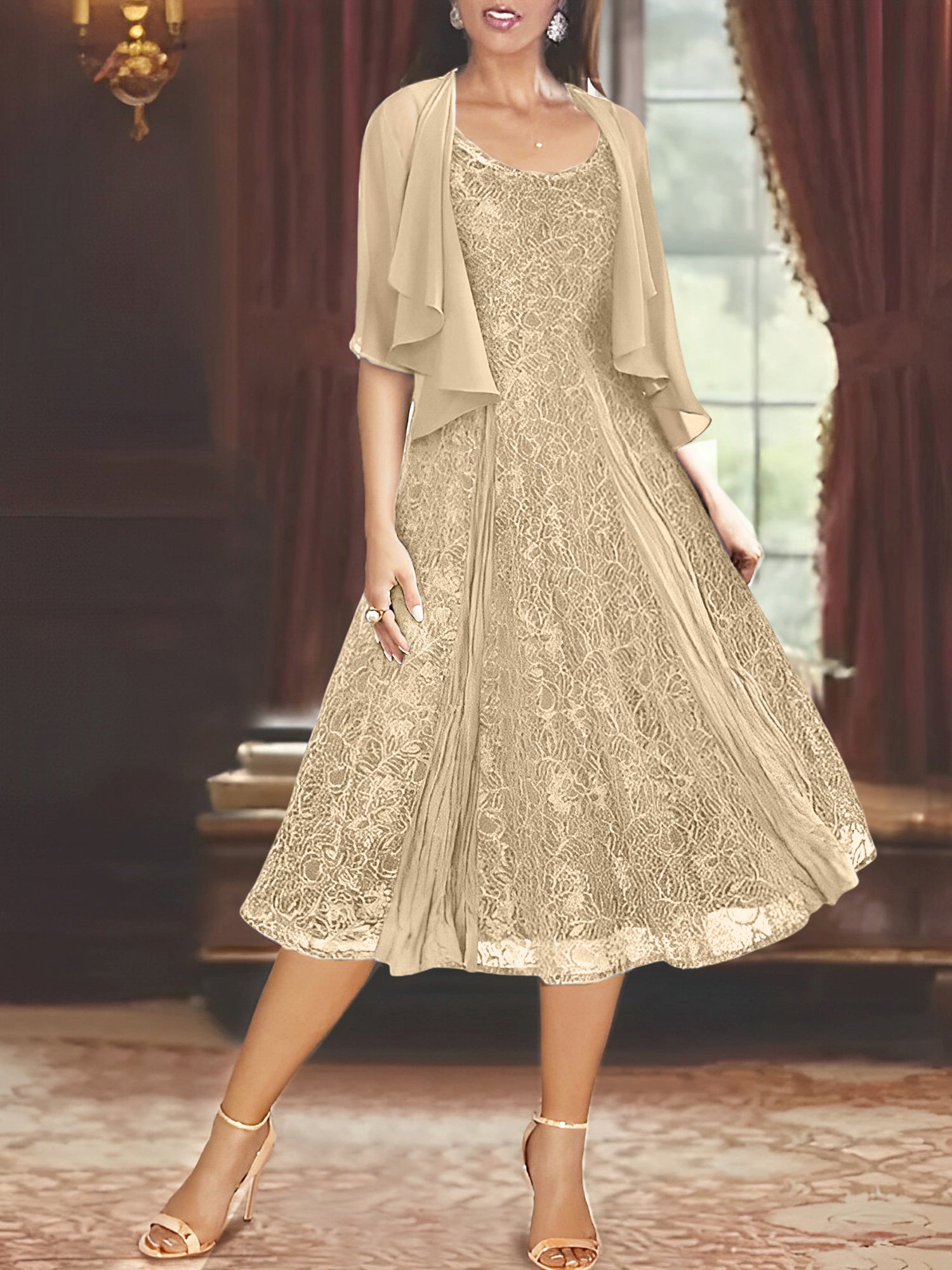 A Line Princess Scoop Half Sleeves Tea Length Mother Of The Bride Dresses With Appliques Wrap