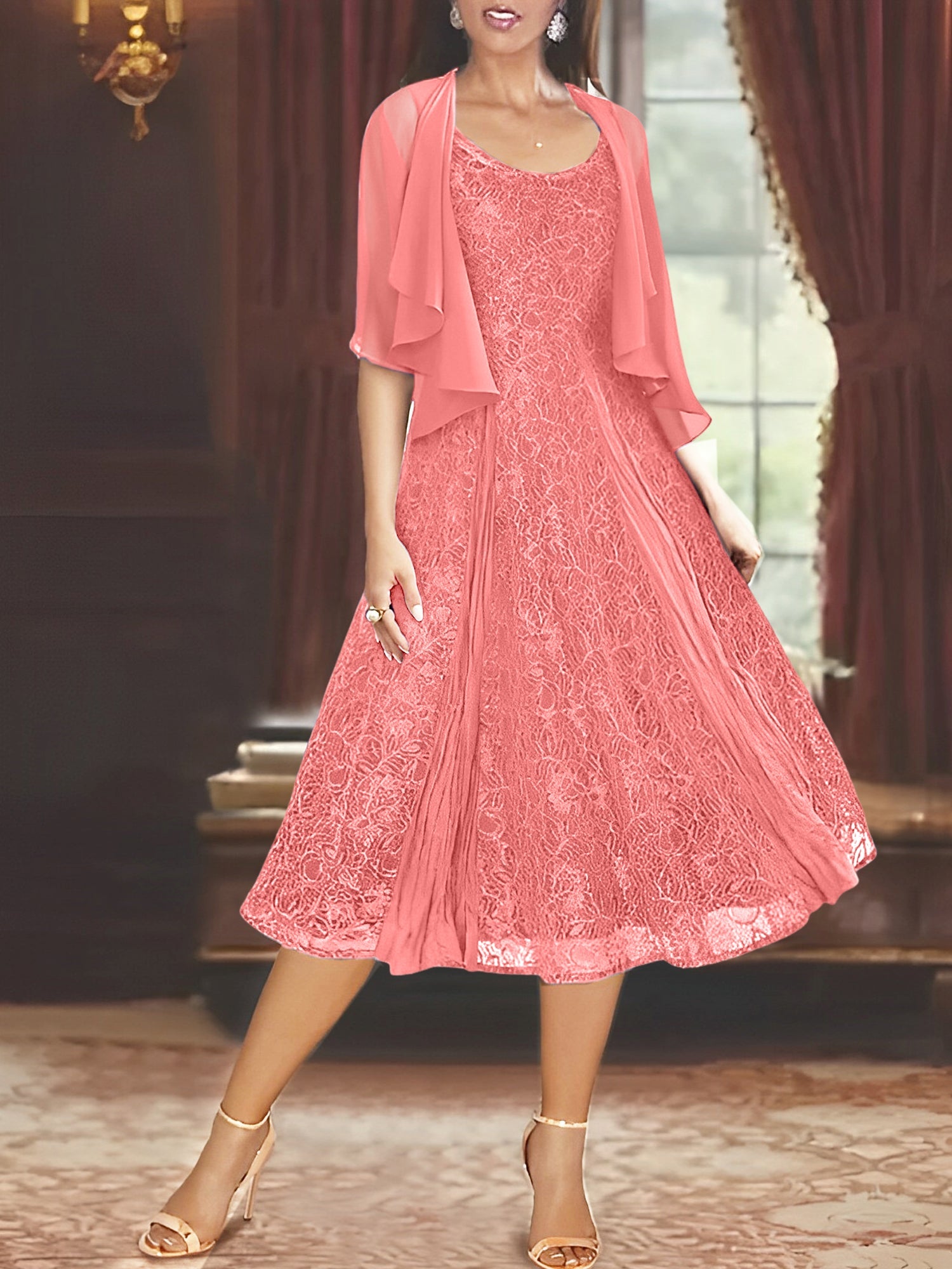 A Line Princess Scoop Half Sleeves Tea Length Mother Of The Bride Dresses With Appliques Wrap