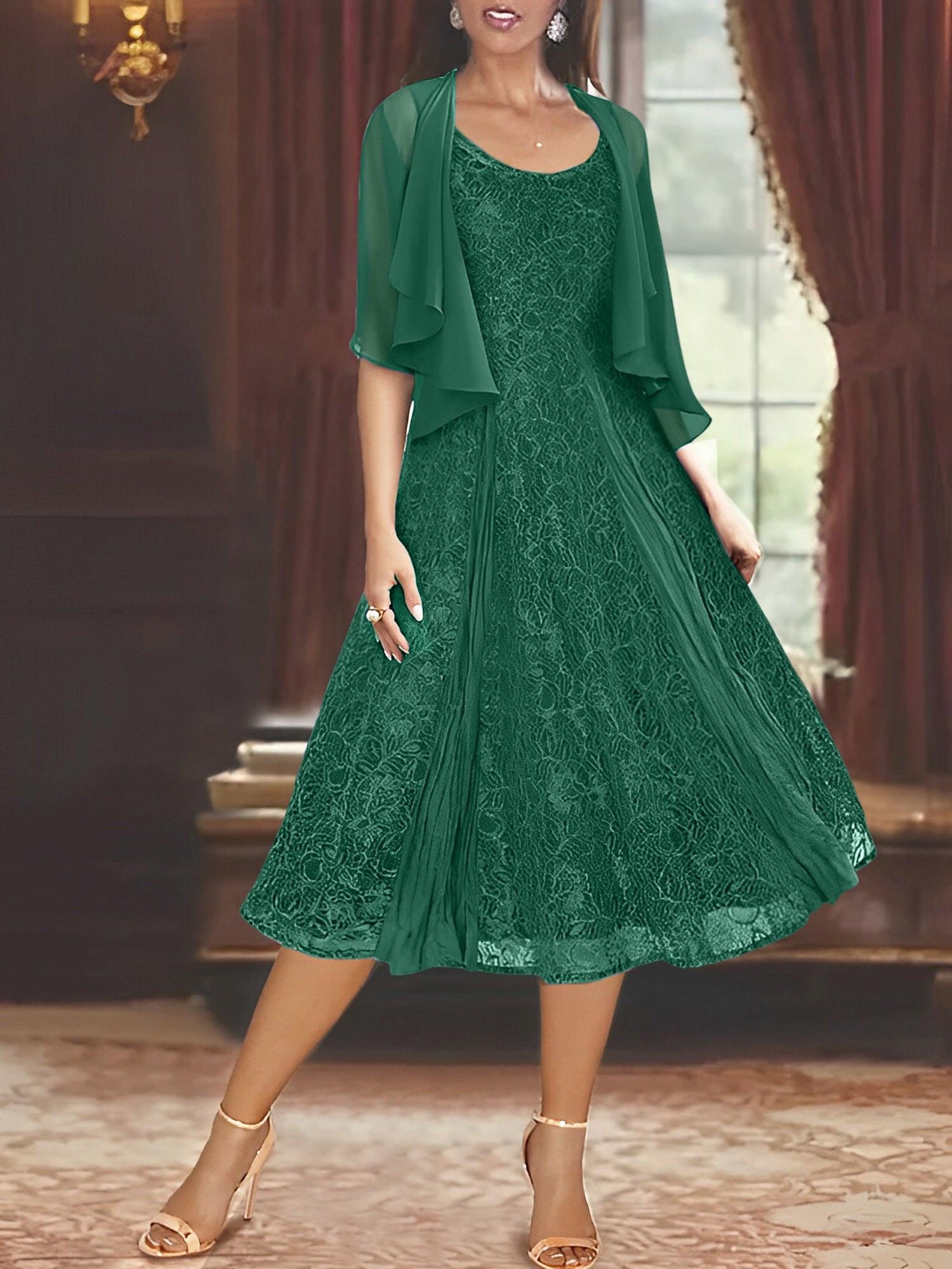 A Line Princess Scoop Half Sleeves Tea Length Mother Of The Bride Dresses With Appliques Wrap