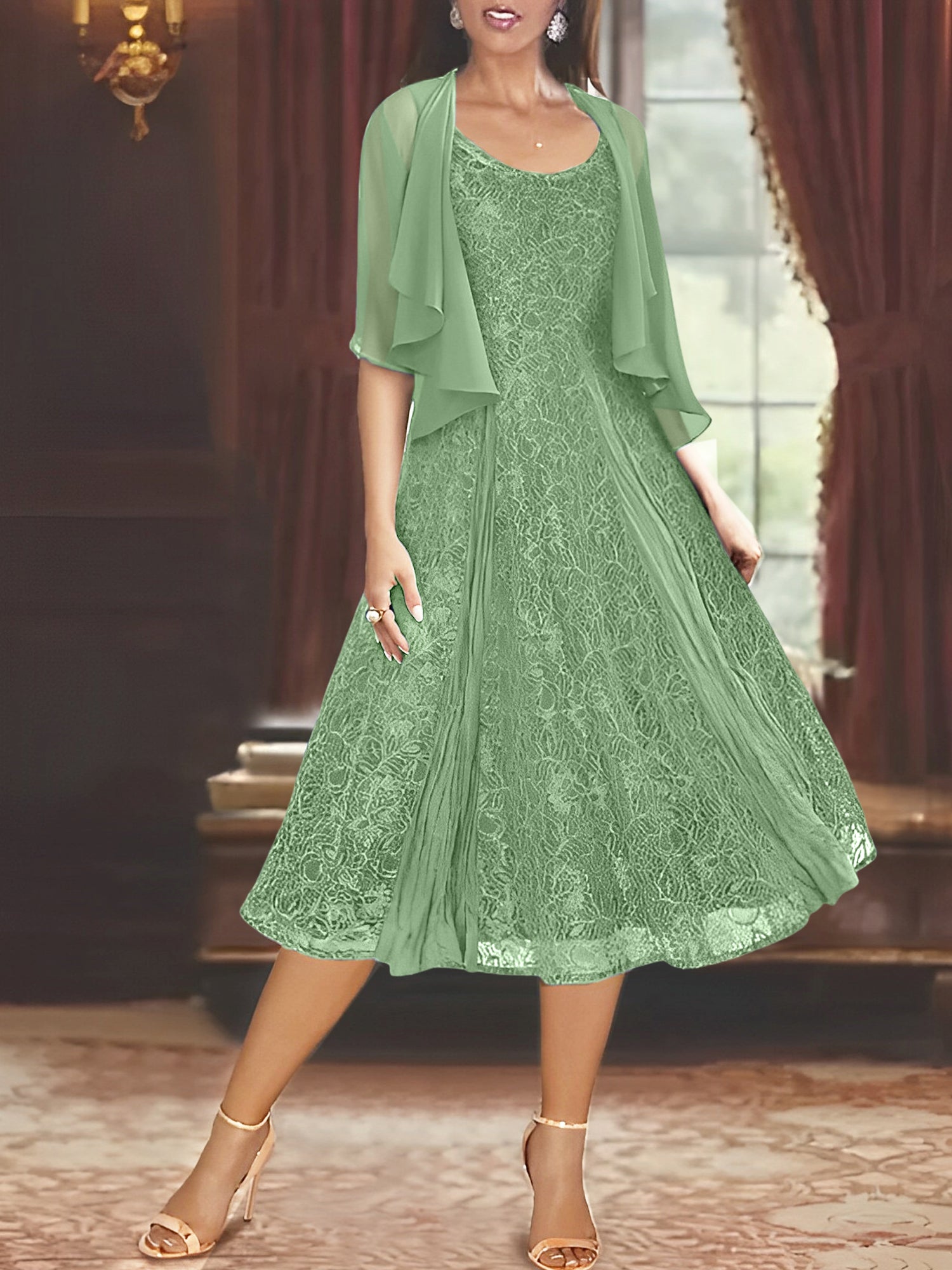 A Line Princess Scoop Half Sleeves Tea Length Mother Of The Bride Dresses With Appliques Wrap