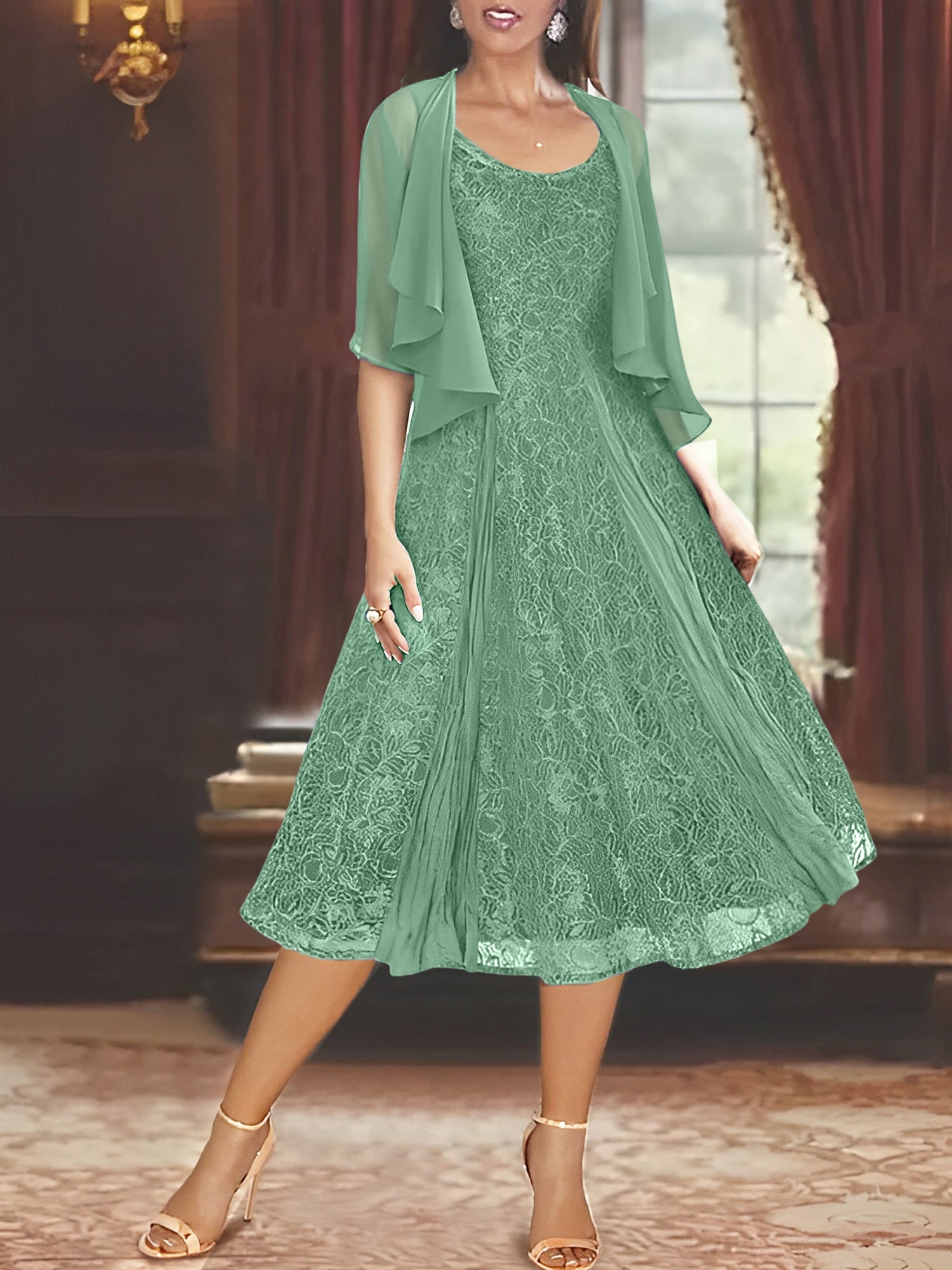 A Line Princess Scoop Half Sleeves Tea Length Mother Of The Bride Dresses With Appliques Wrap
