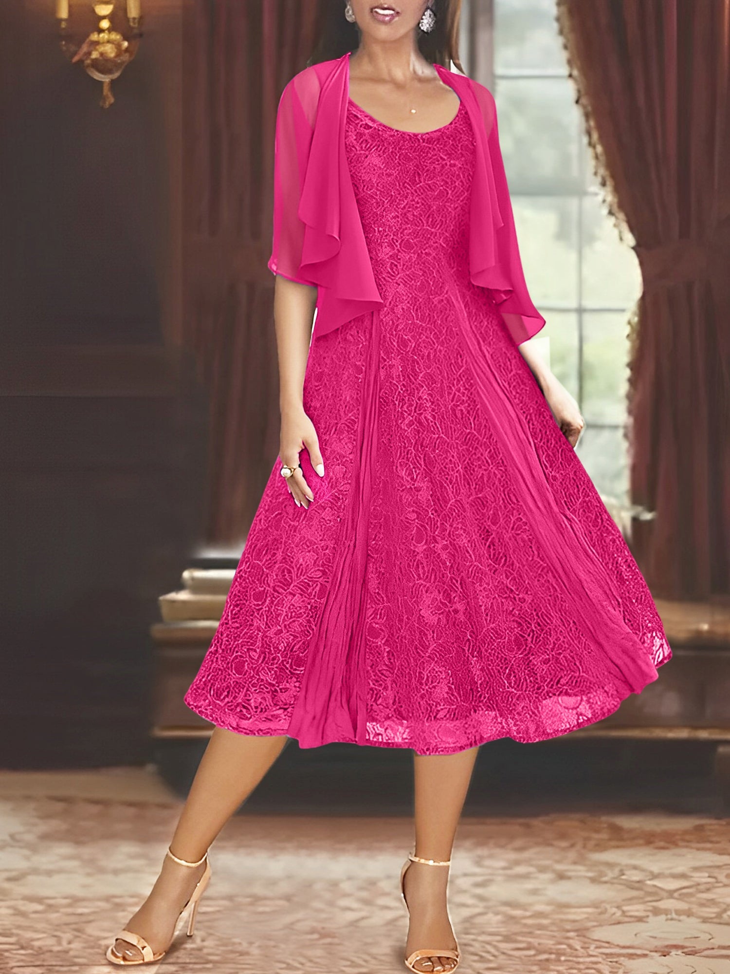 A Line Princess Scoop Half Sleeves Tea Length Mother Of The Bride Dresses With Appliques Wrap