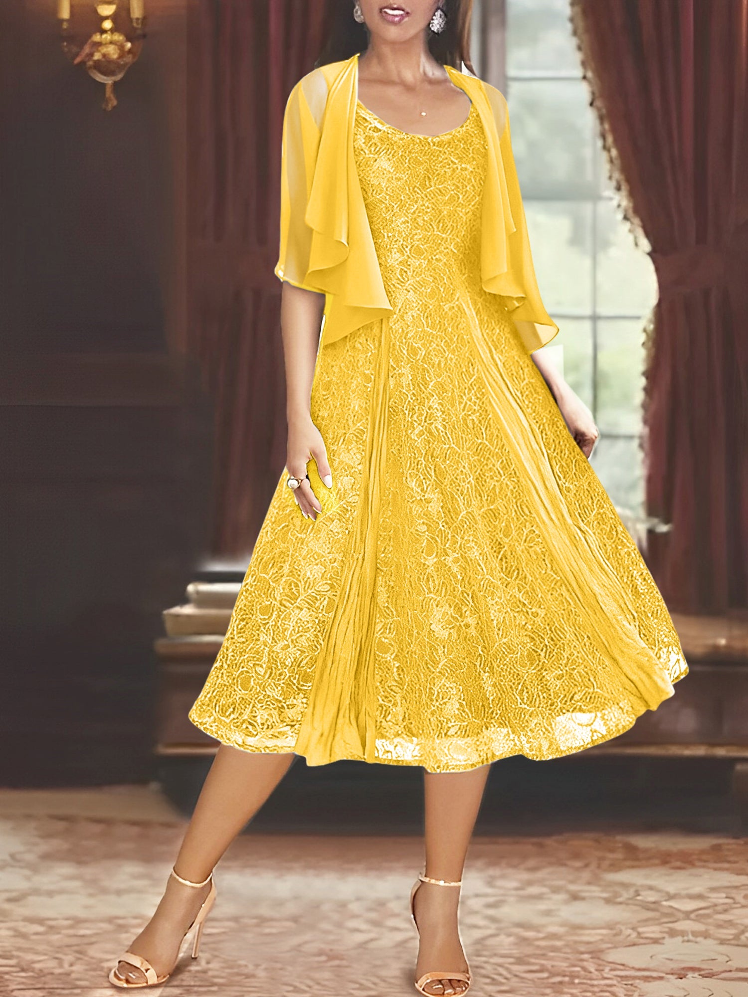 A Line Princess Scoop Half Sleeves Tea Length Mother Of The Bride Dresses With Appliques Wrap
