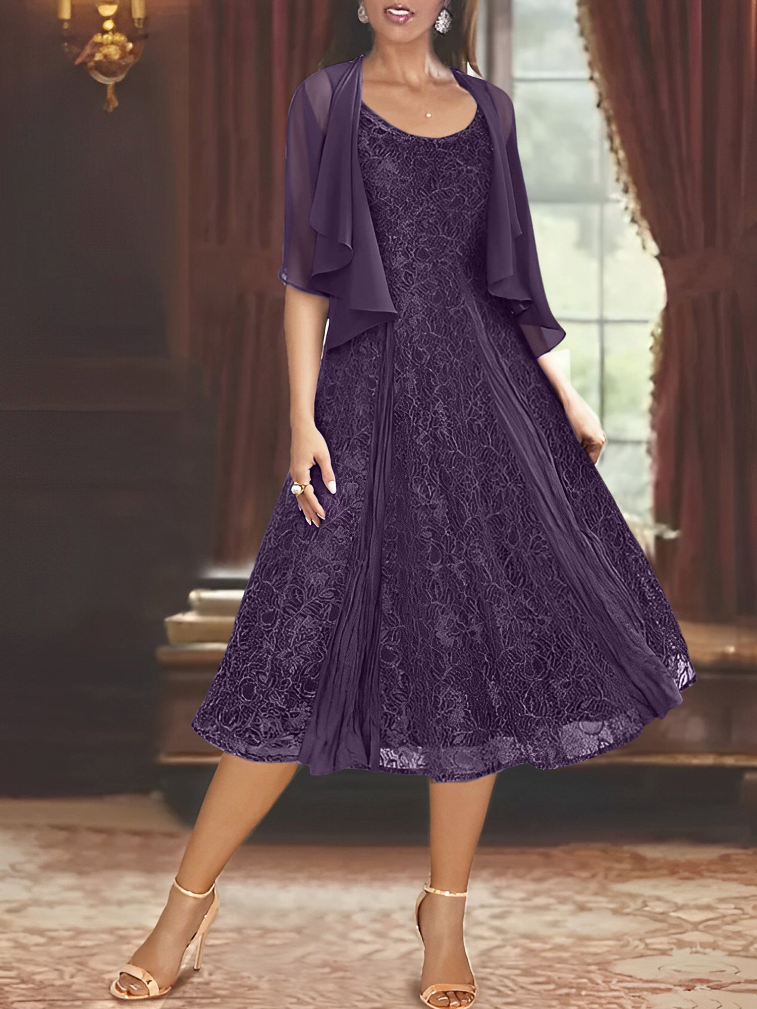 A Line Princess Scoop Half Sleeves Tea Length Mother Of The Bride Dresses With Appliques Wrap
