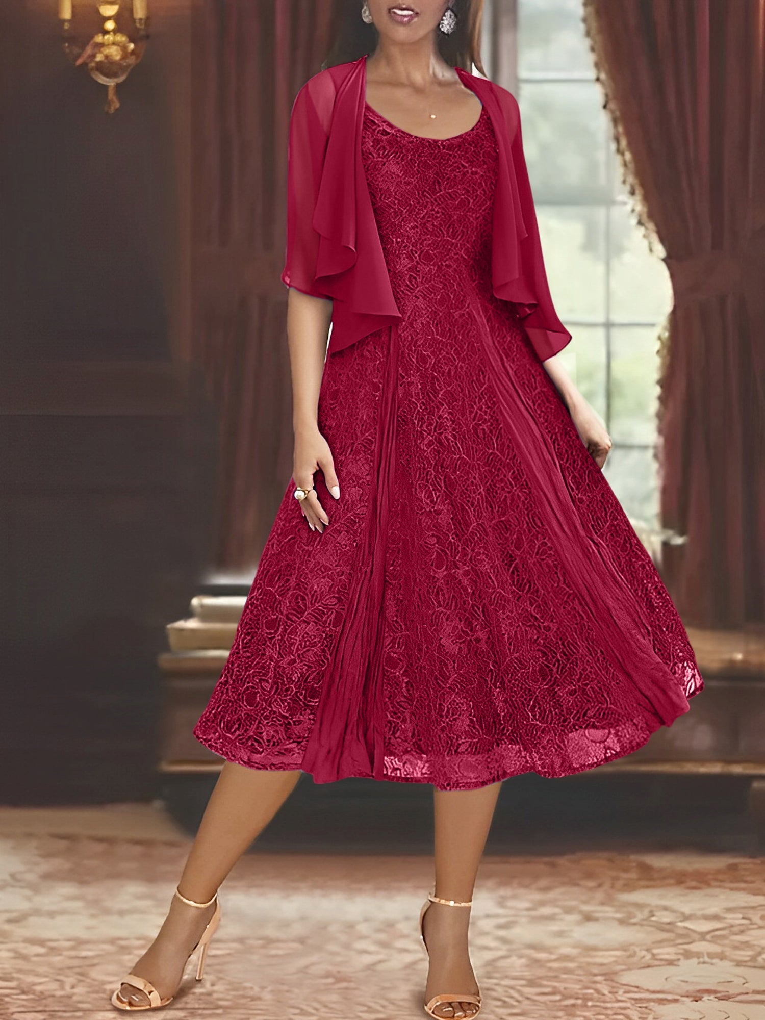 A Line Princess Scoop Half Sleeves Tea Length Mother Of The Bride Dresses With Appliques Wrap