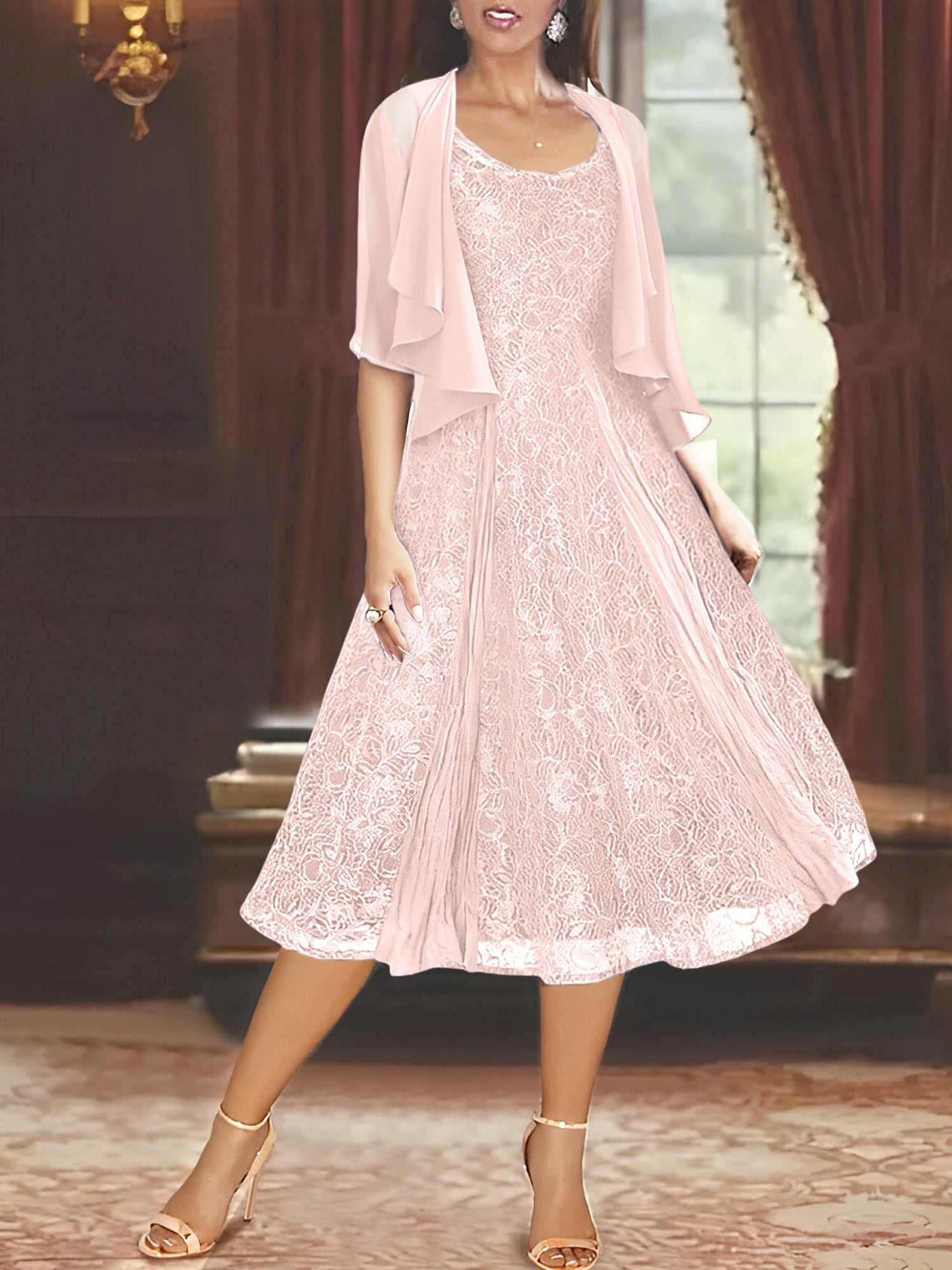 A Line Princess Scoop Half Sleeves Tea Length Mother Of The Bride Dresses With Appliques Wrap