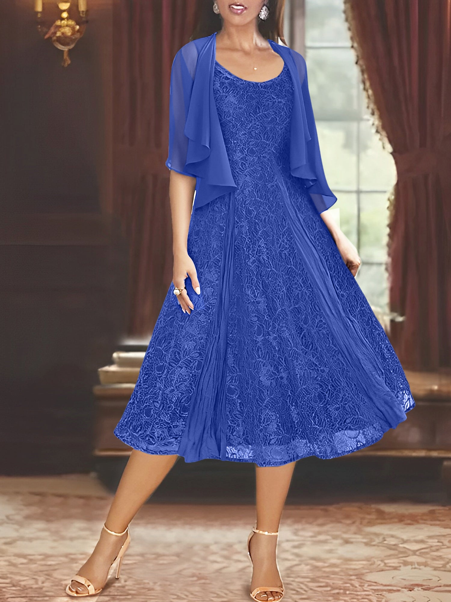 A Line Princess Scoop Half Sleeves Tea Length Mother Of The Bride Dresses With Appliques Wrap