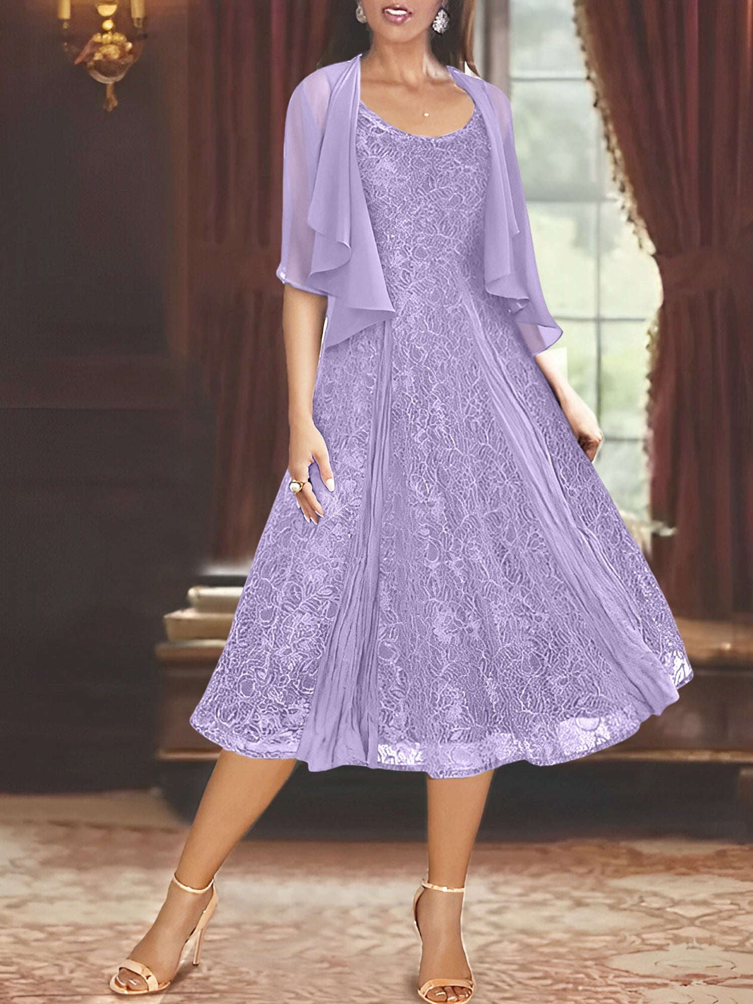 A Line Princess Scoop Half Sleeves Tea Length Mother Of The Bride Dresses With Appliques Wrap
