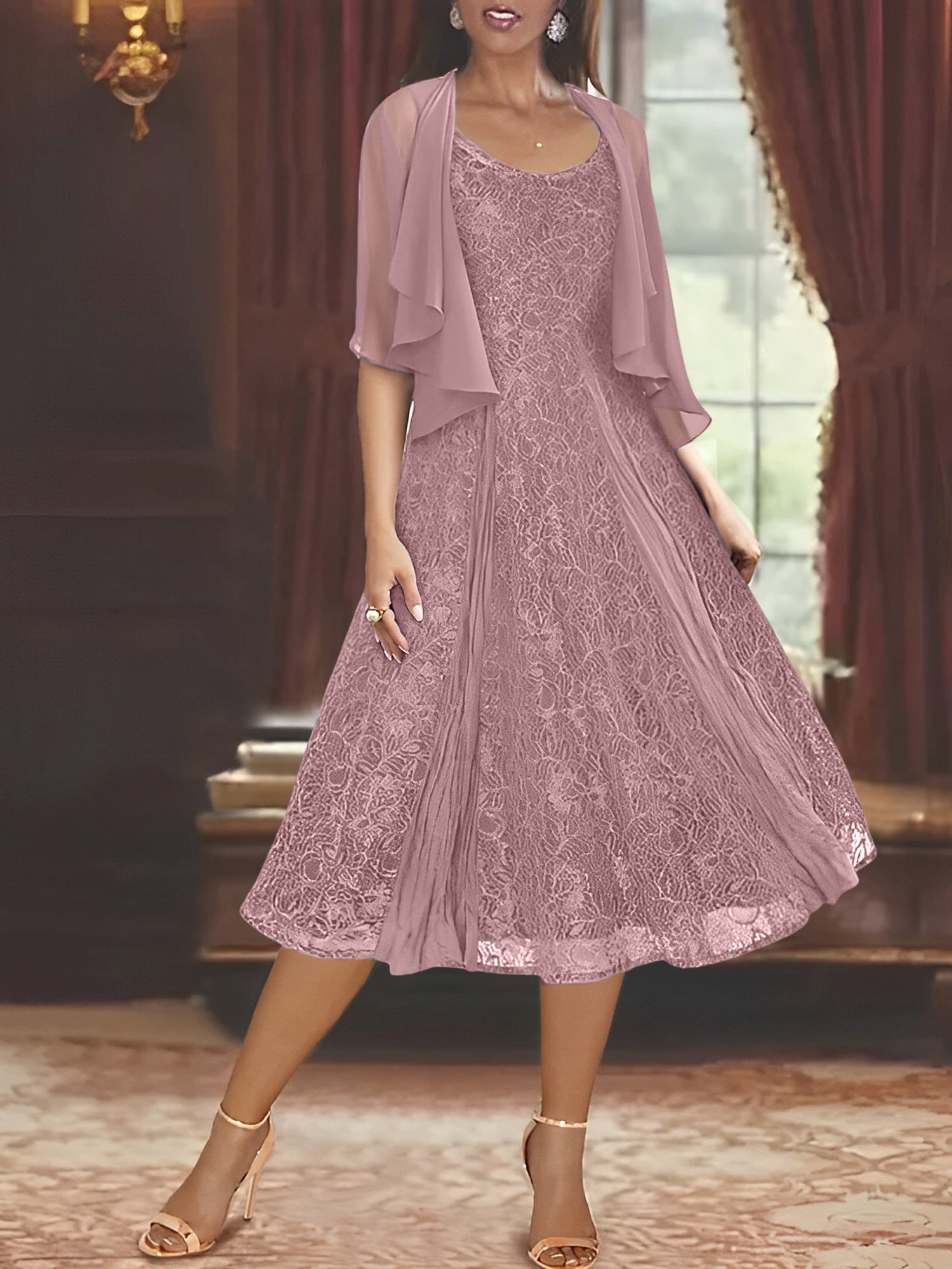 A Line Princess Scoop Half Sleeves Tea Length Mother Of The Bride Dresses With Appliques Wrap