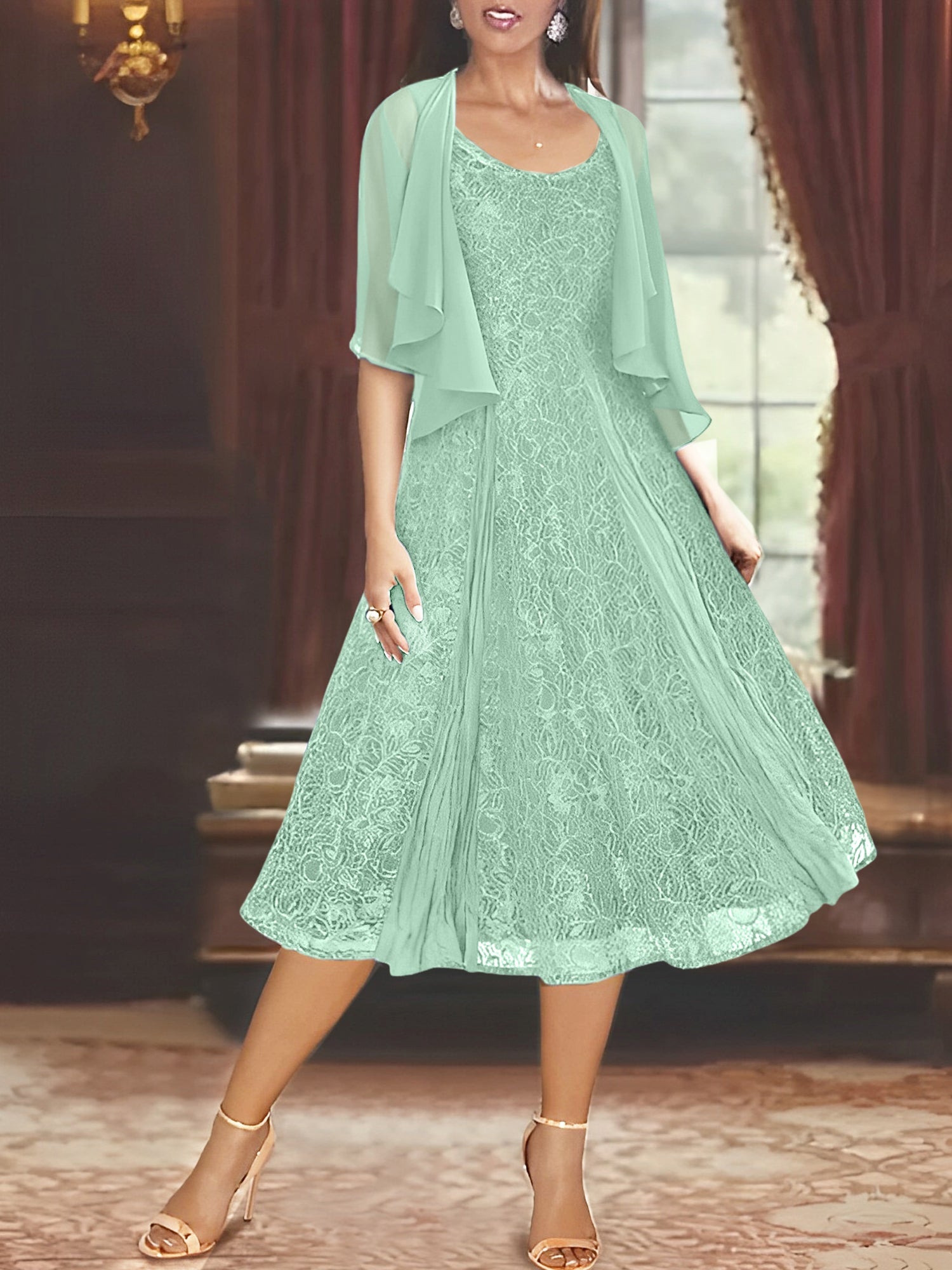 A Line Princess Scoop Half Sleeves Tea Length Mother Of The Bride Dresses With Appliques Wrap