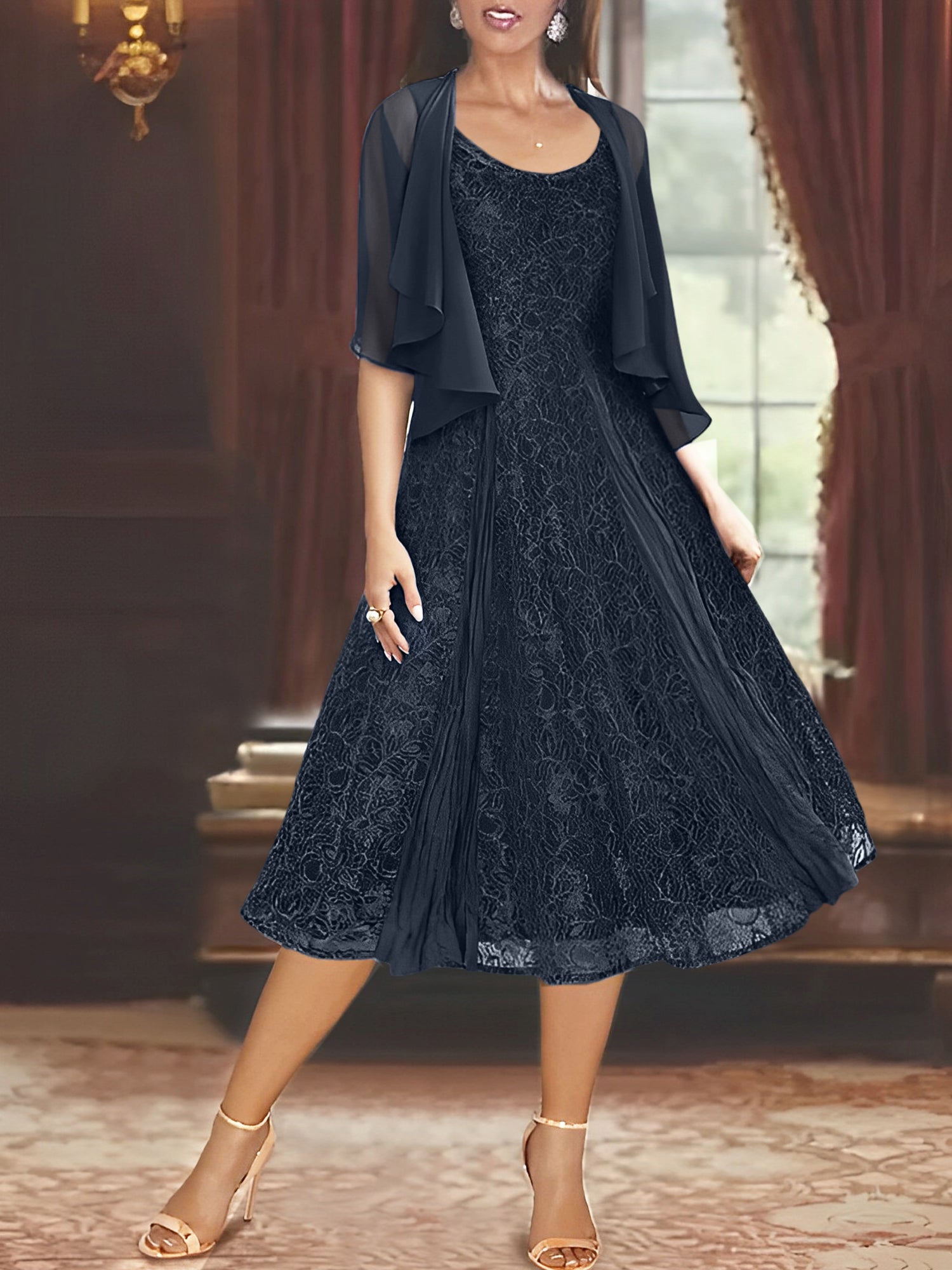 A Line Princess Scoop Half Sleeves Tea Length Mother Of The Bride Dresses With Appliques Wrap