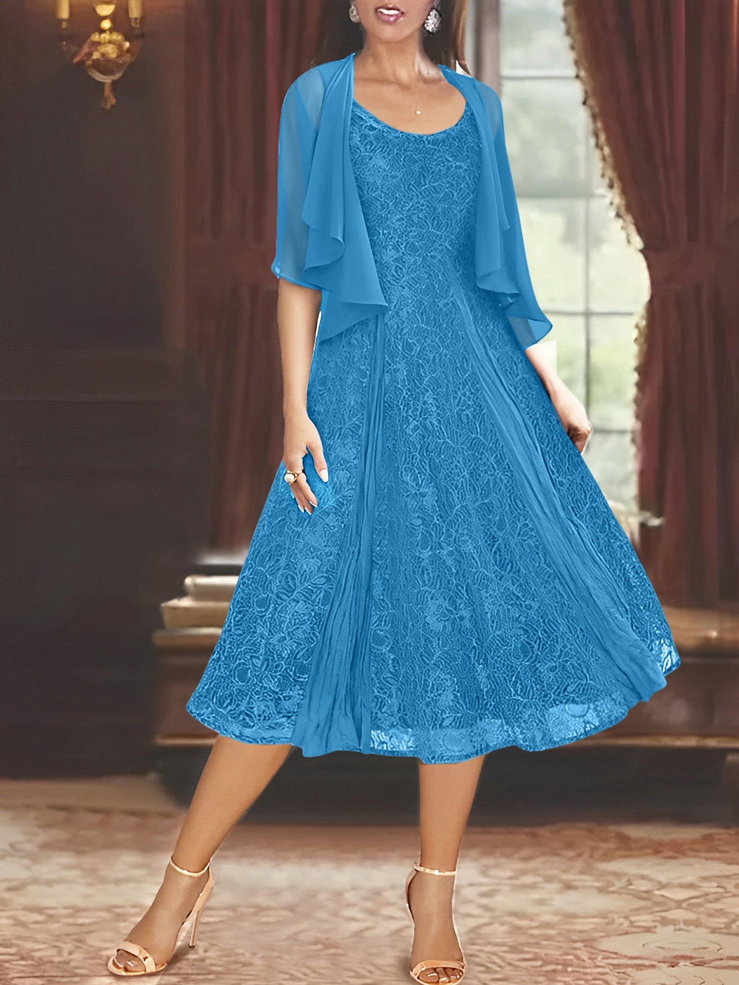 A Line Princess Scoop Half Sleeves Tea Length Mother Of The Bride Dresses With Appliques Wrap